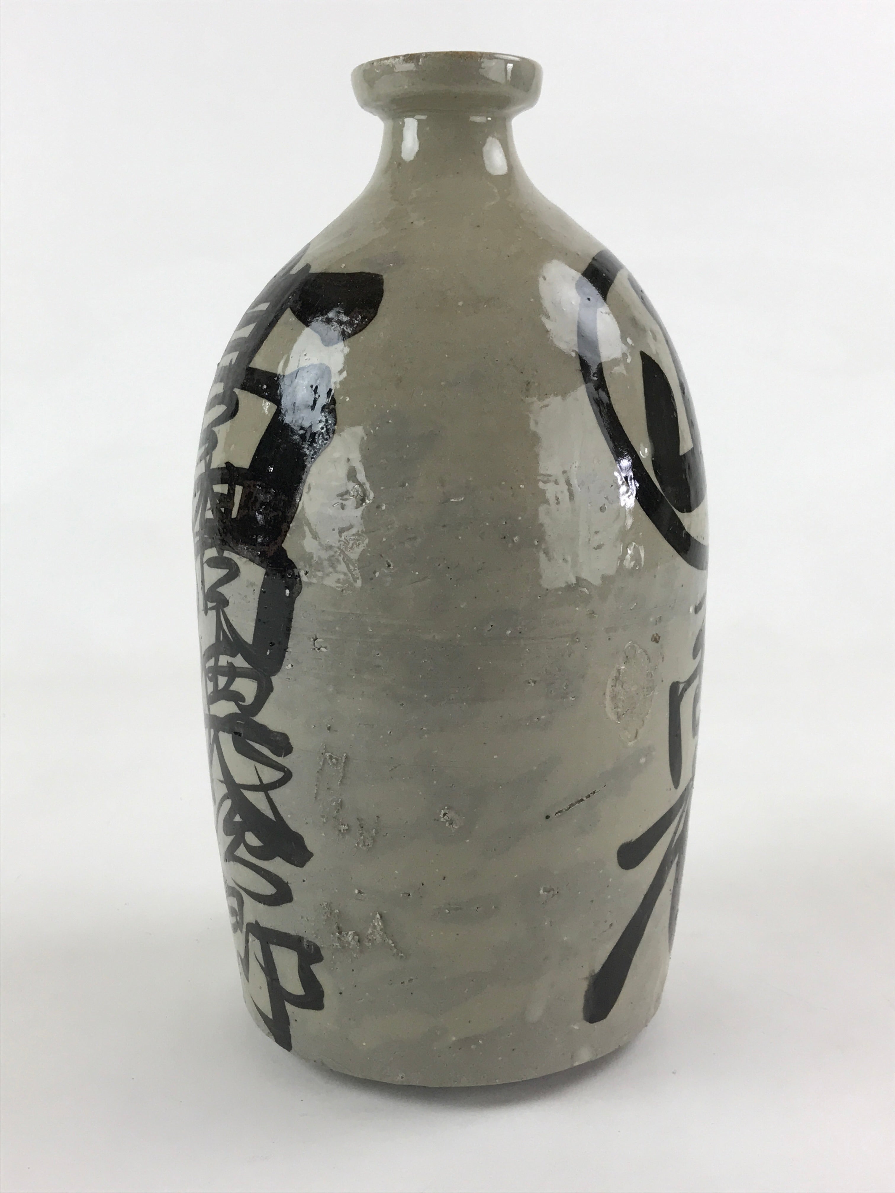 Japanese Ceramic Sake Bottle Kayoi-Tokkuri Vtg Gray Hand-Written Kanji TS553
