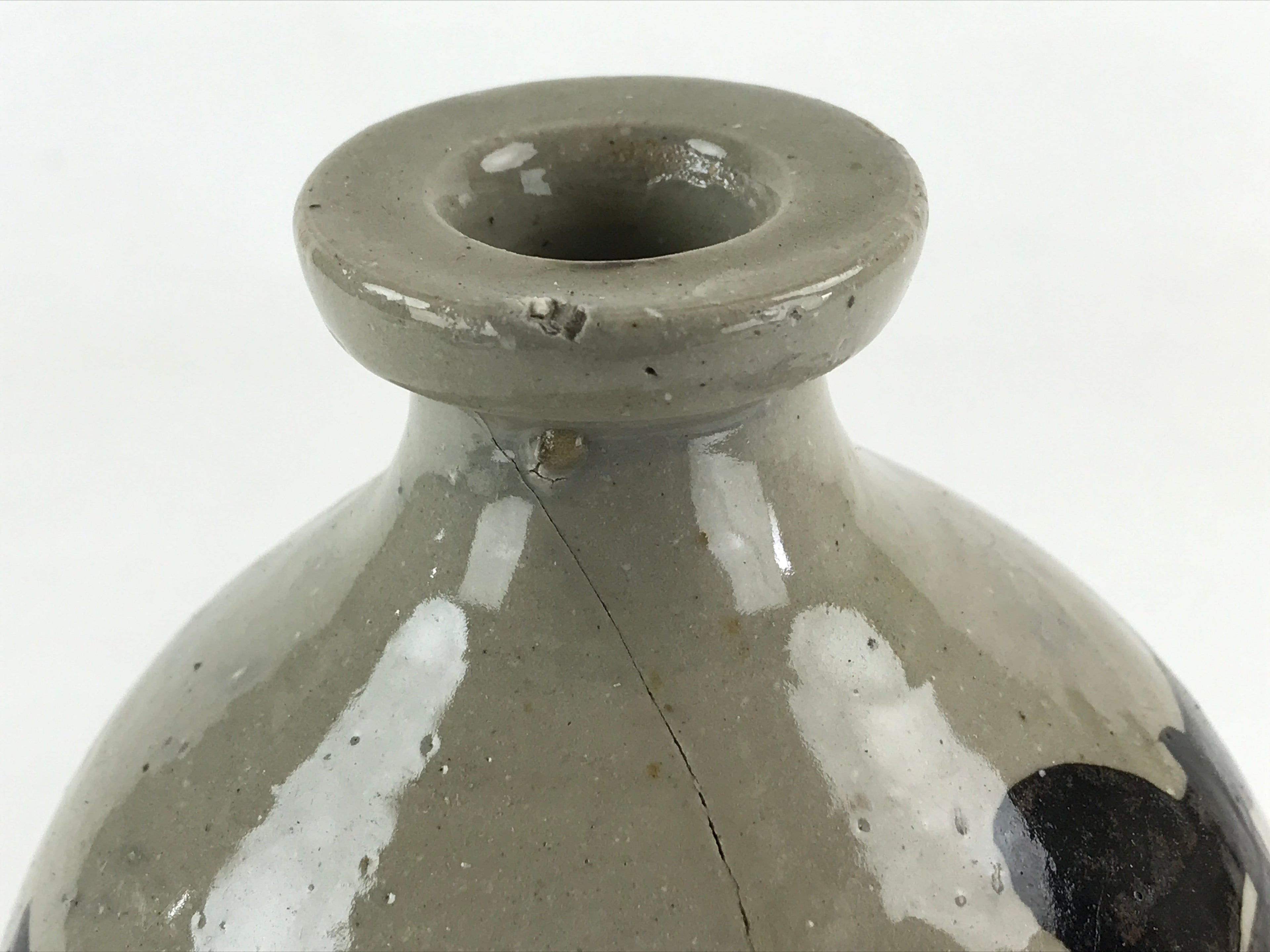 Japanese Ceramic Sake Bottle Kayoi-Tokkuri Vtg Gray Hand-Written Kanji TS553