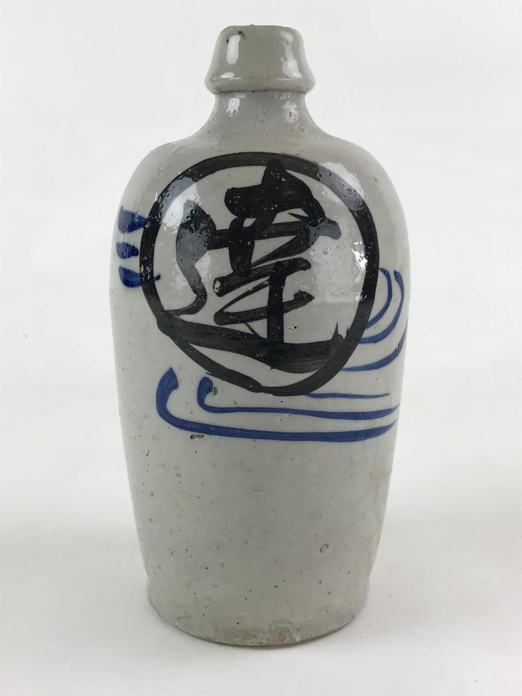 Japanese Ceramic Sake Bottle Kayoi-Tokkuri Vtg Gray Hand-Written Kanji TS554