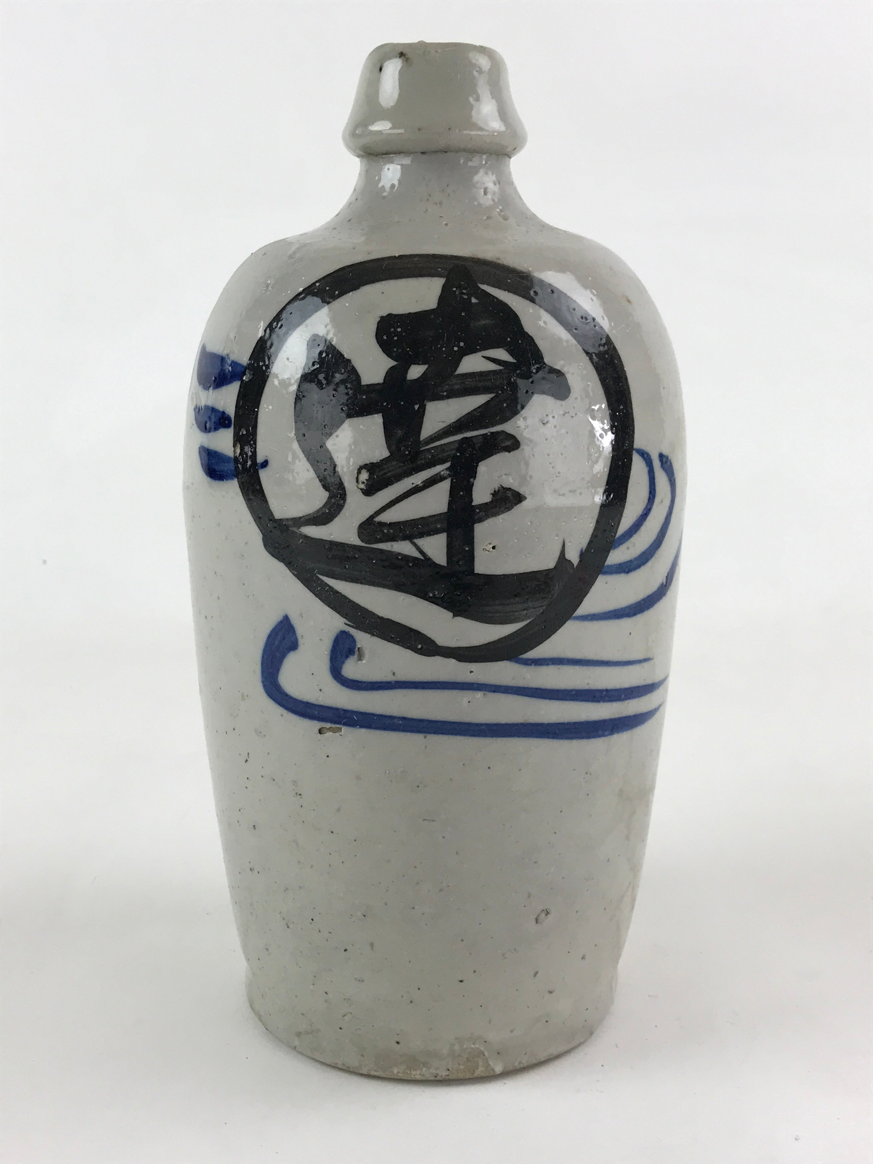 Japanese Ceramic Sake Bottle Kayoi-Tokkuri Vtg Gray Hand-Written Kanji TS554