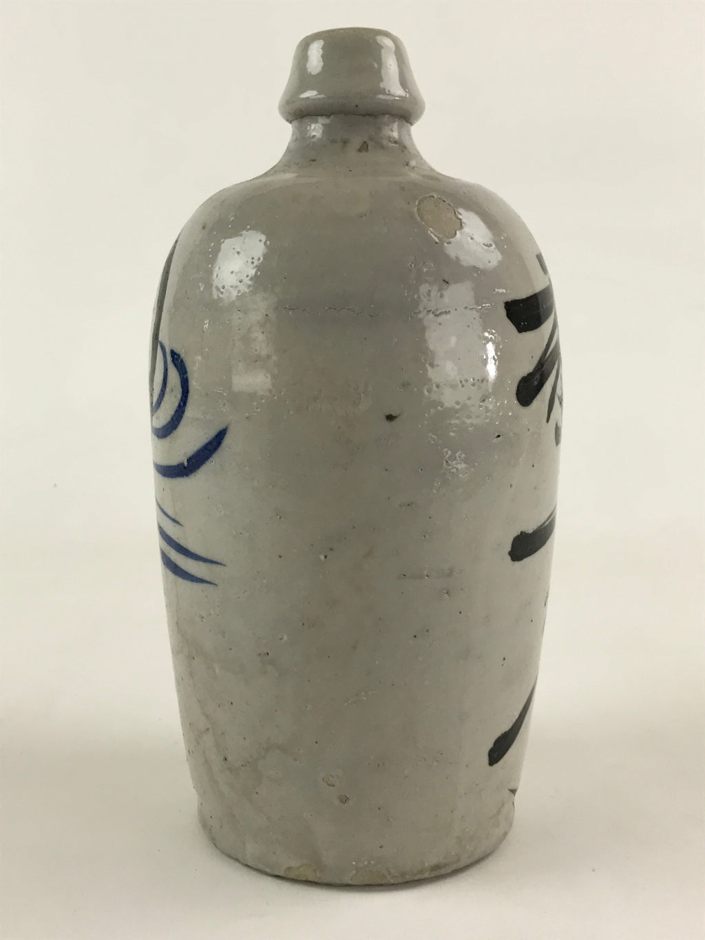 Japanese Ceramic Sake Bottle Kayoi-Tokkuri Vtg Gray Hand-Written Kanji TS554