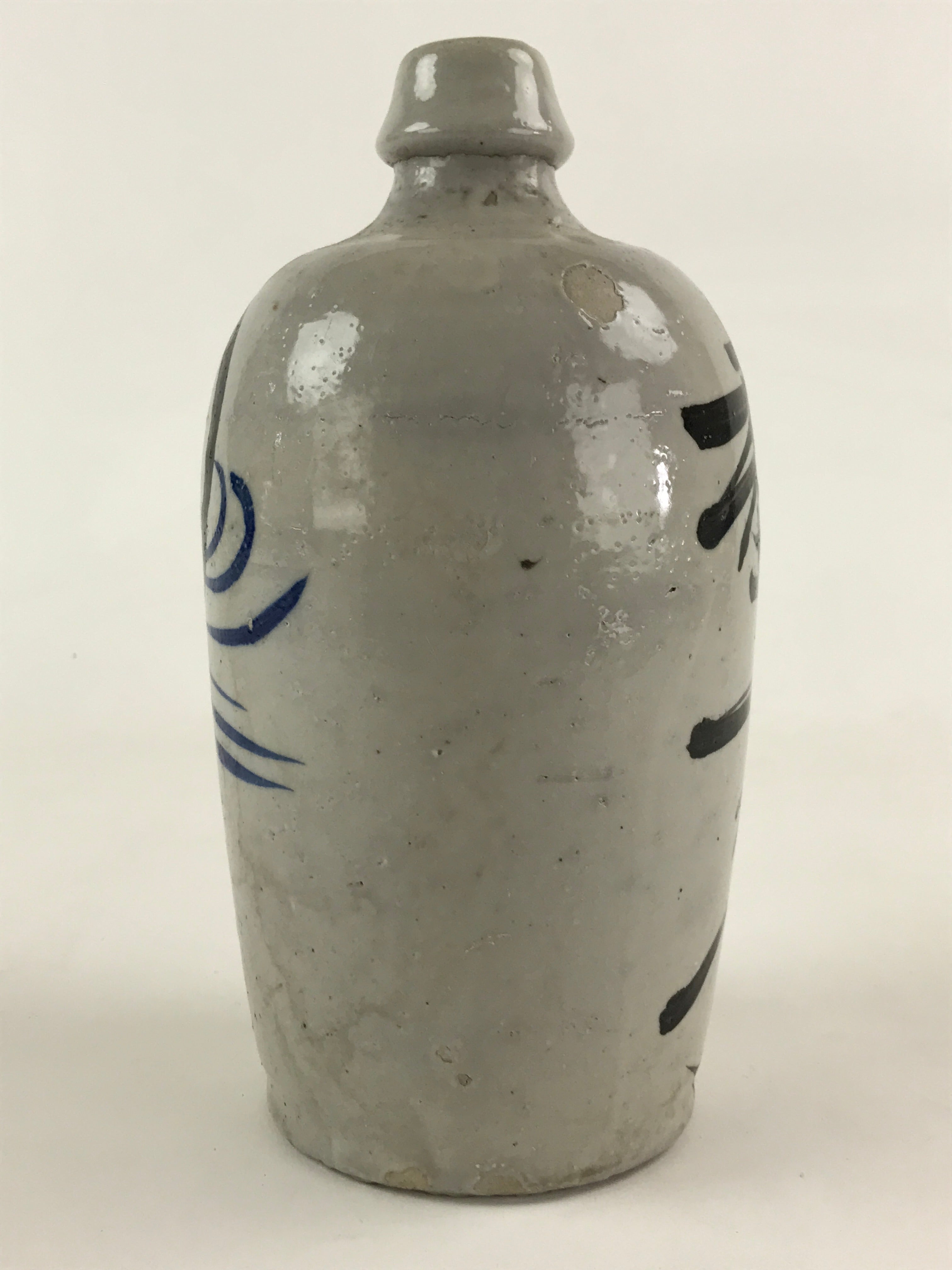 Japanese Ceramic Sake Bottle Kayoi-Tokkuri Vtg Gray Hand-Written Kanji TS554
