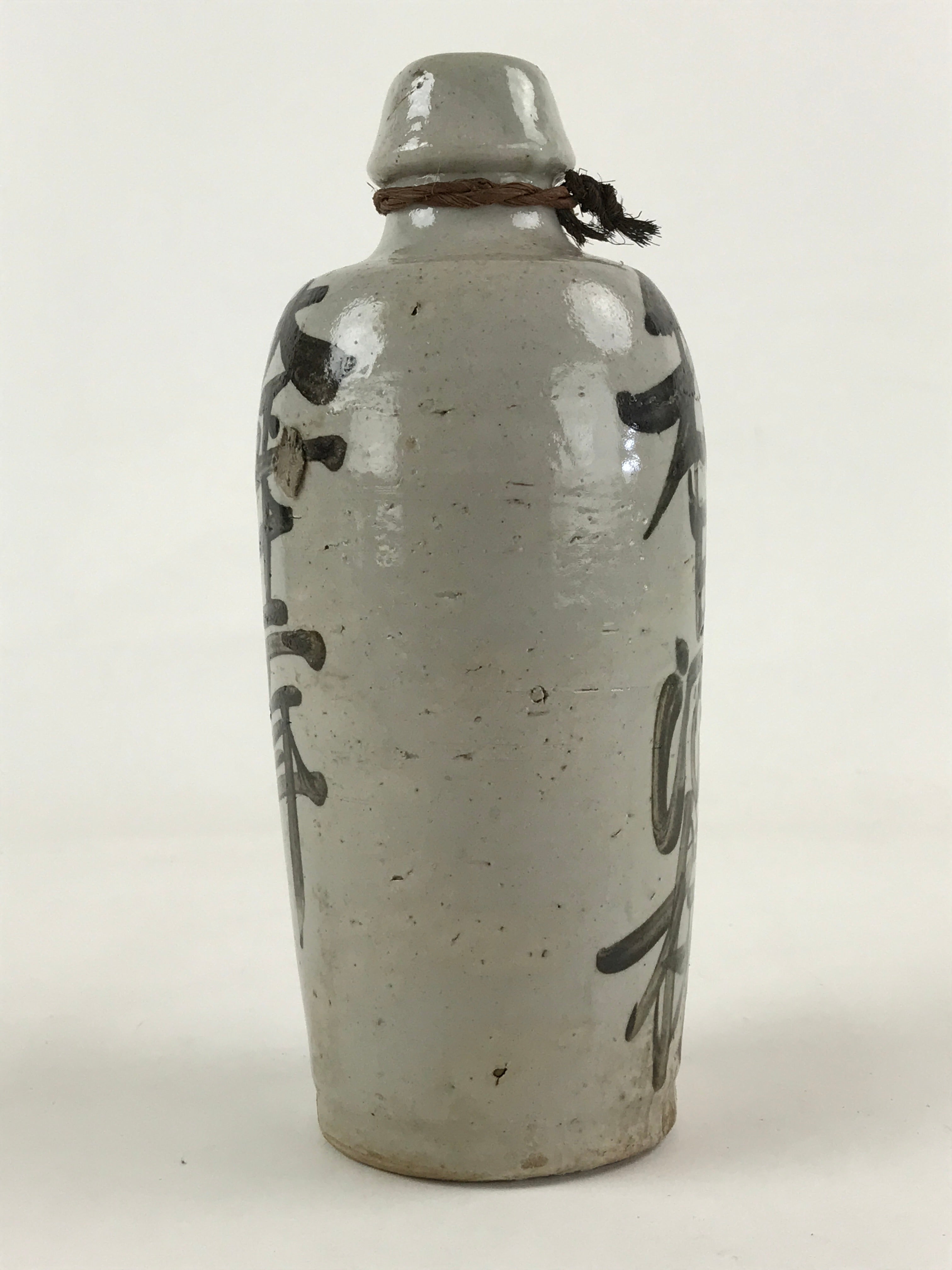 Japanese Ceramic Sake Bottle Kayoi-Tokkuri Vtg Gray Hand-Written Kanji TS556