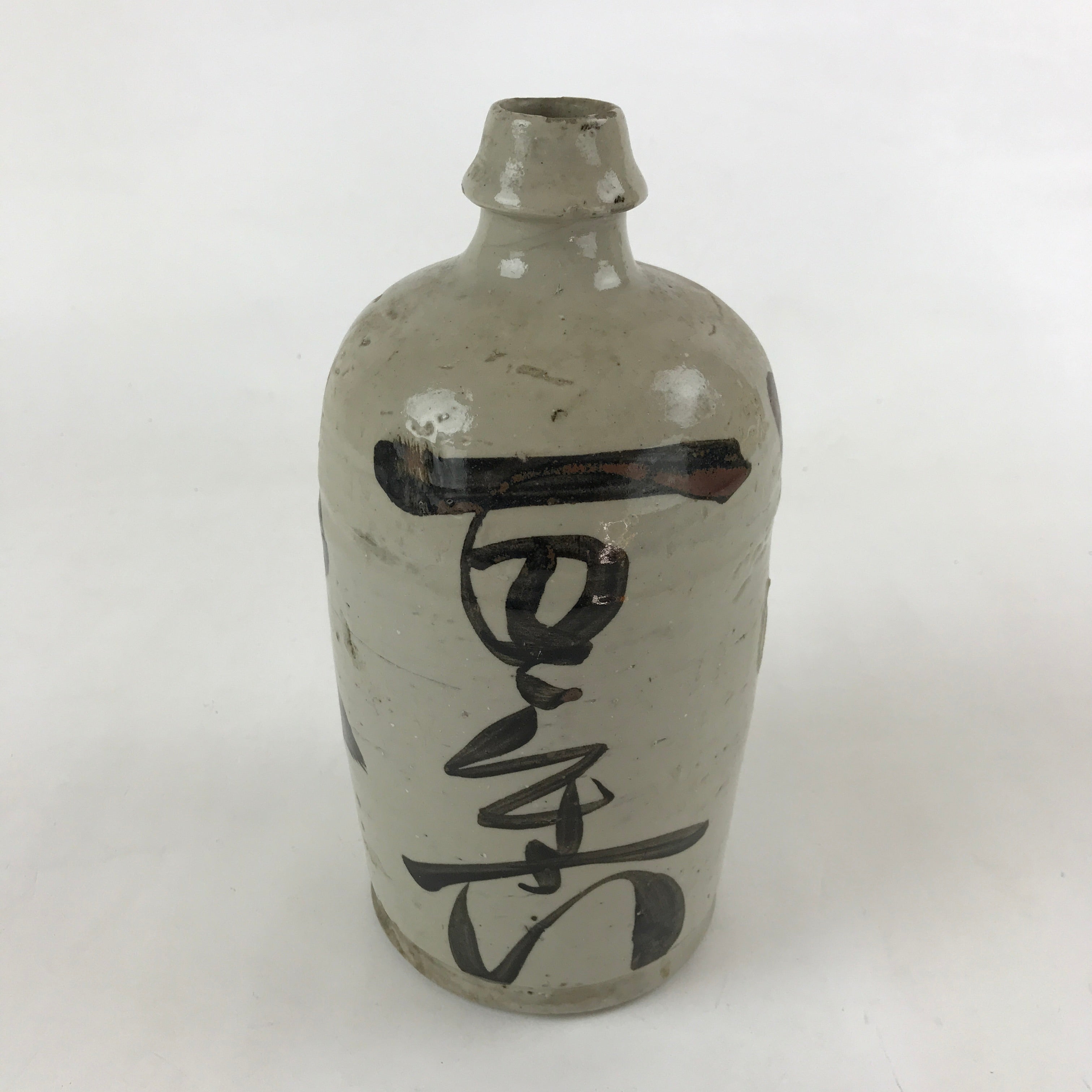 Japanese Ceramic Sake Bottle Kayoi-Tokkuri Vtg Gray Hand-Written Kanji TS576