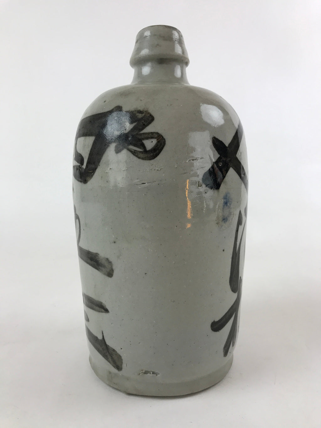 Japanese Ceramic Sake Bottle Kayoi-Tokkuri Vtg Gray Hand-Written Kanji TS582