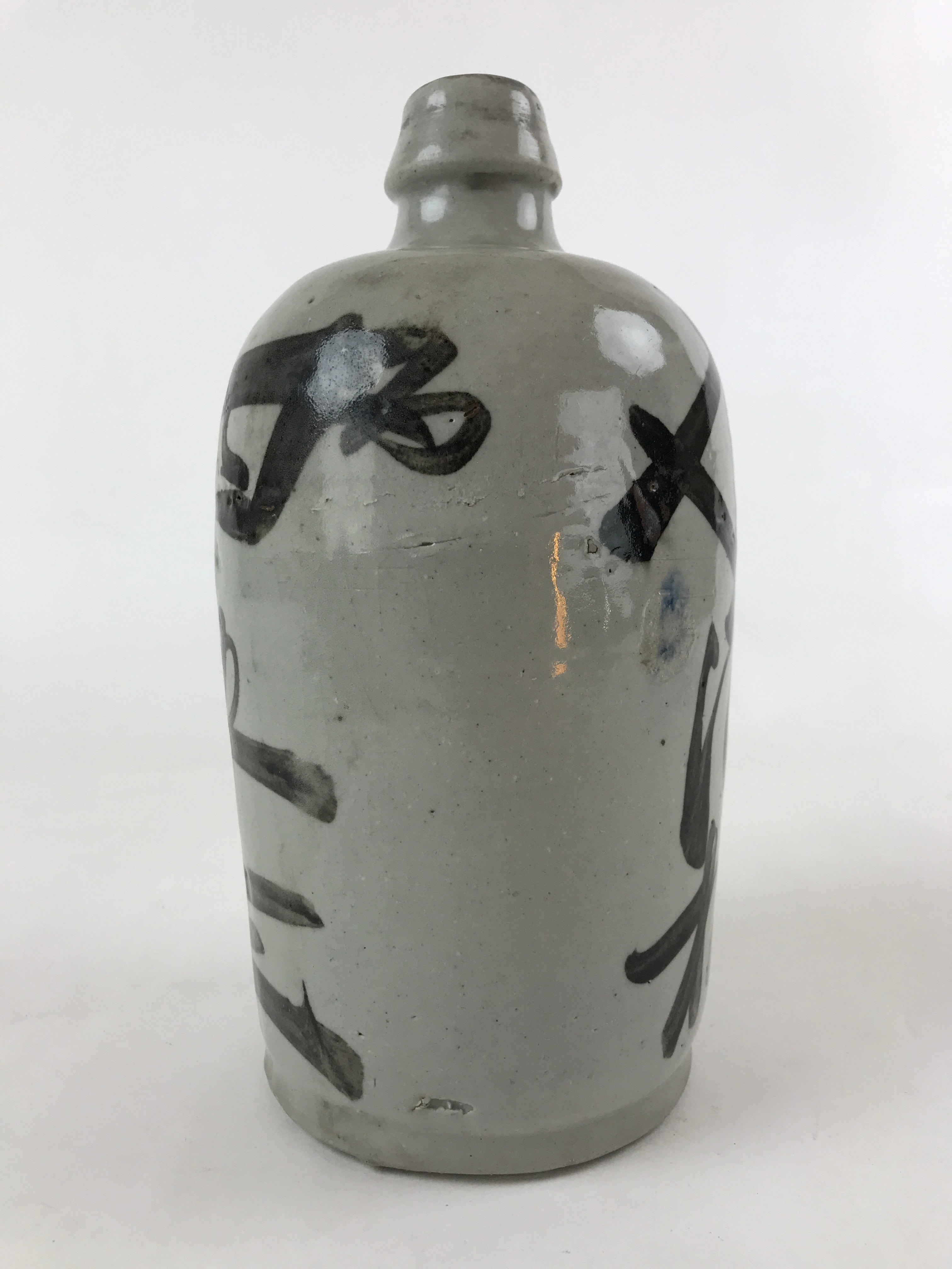 Japanese Ceramic Sake Bottle Kayoi-Tokkuri Vtg Gray Hand-Written Kanji TS582