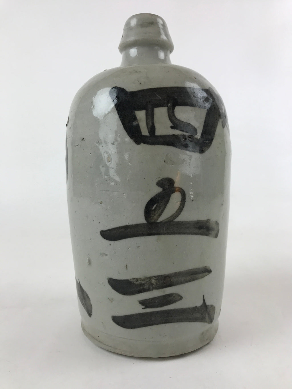 Japanese Ceramic Sake Bottle Kayoi-Tokkuri Vtg Gray Hand-Written Kanji TS582