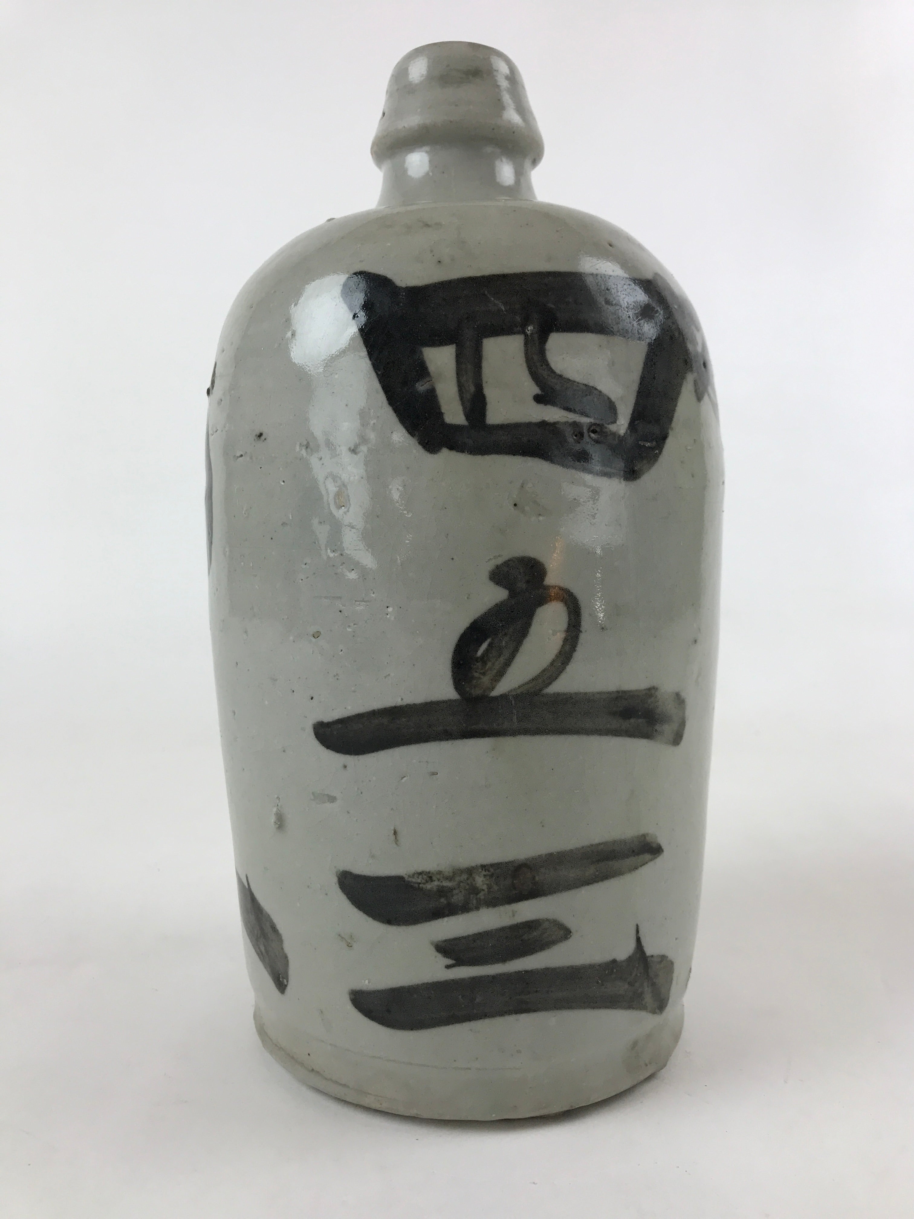 Japanese Ceramic Sake Bottle Kayoi-Tokkuri Vtg Gray Hand-Written Kanji TS582