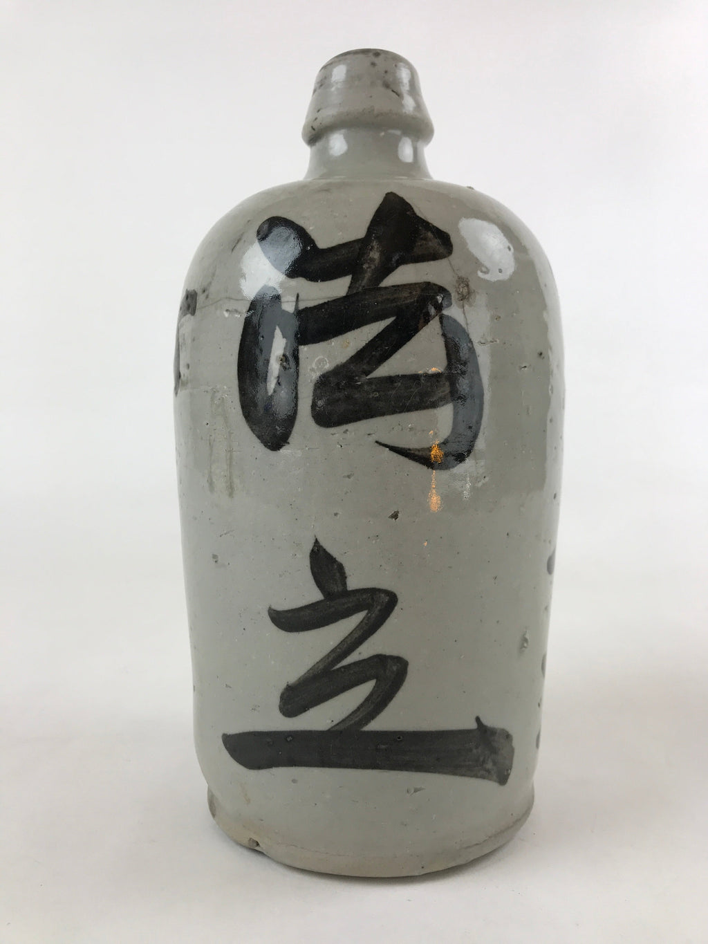 Japanese Ceramic Sake Bottle Kayoi-Tokkuri Vtg Gray Hand-Written Kanji TS582
