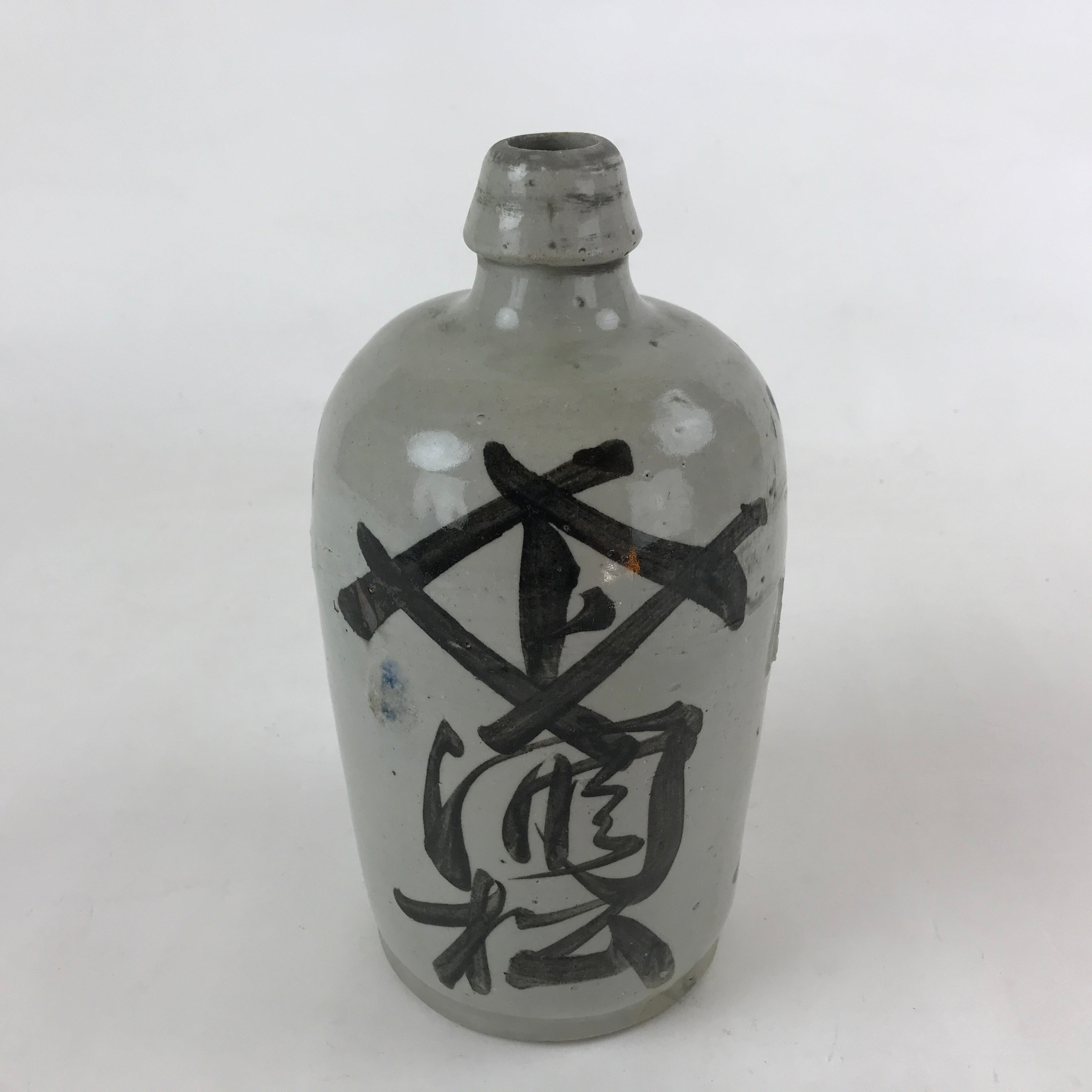 Japanese Ceramic Sake Bottle Kayoi-Tokkuri Vtg Gray Hand-Written Kanji TS582