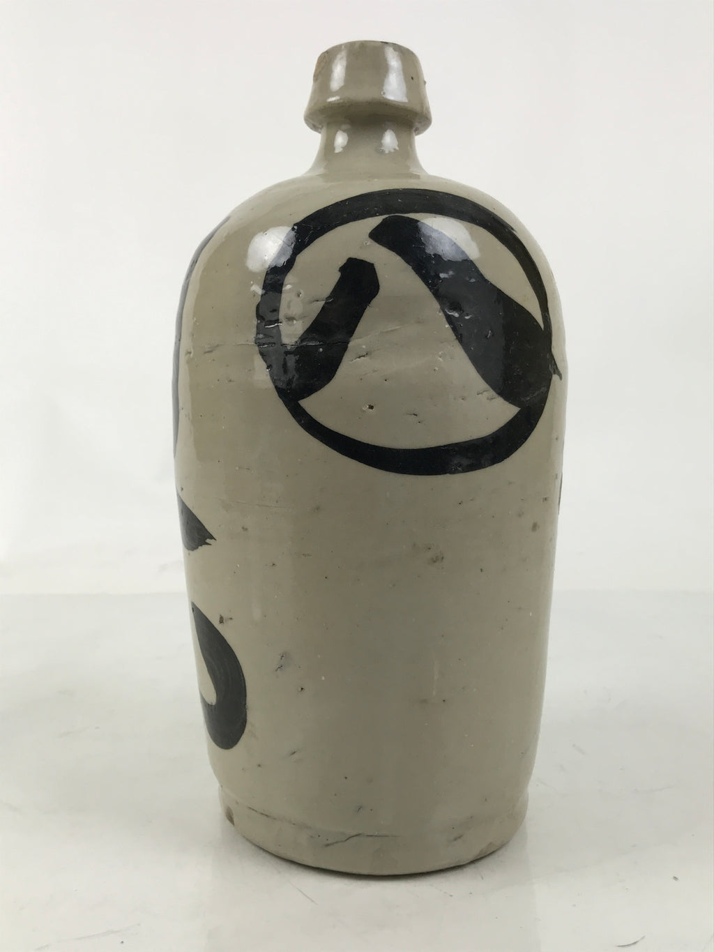 Japanese Ceramic Sake Bottle Kayoi-Tokkuri Vtg Okamoto Gray Black Kanji TS790