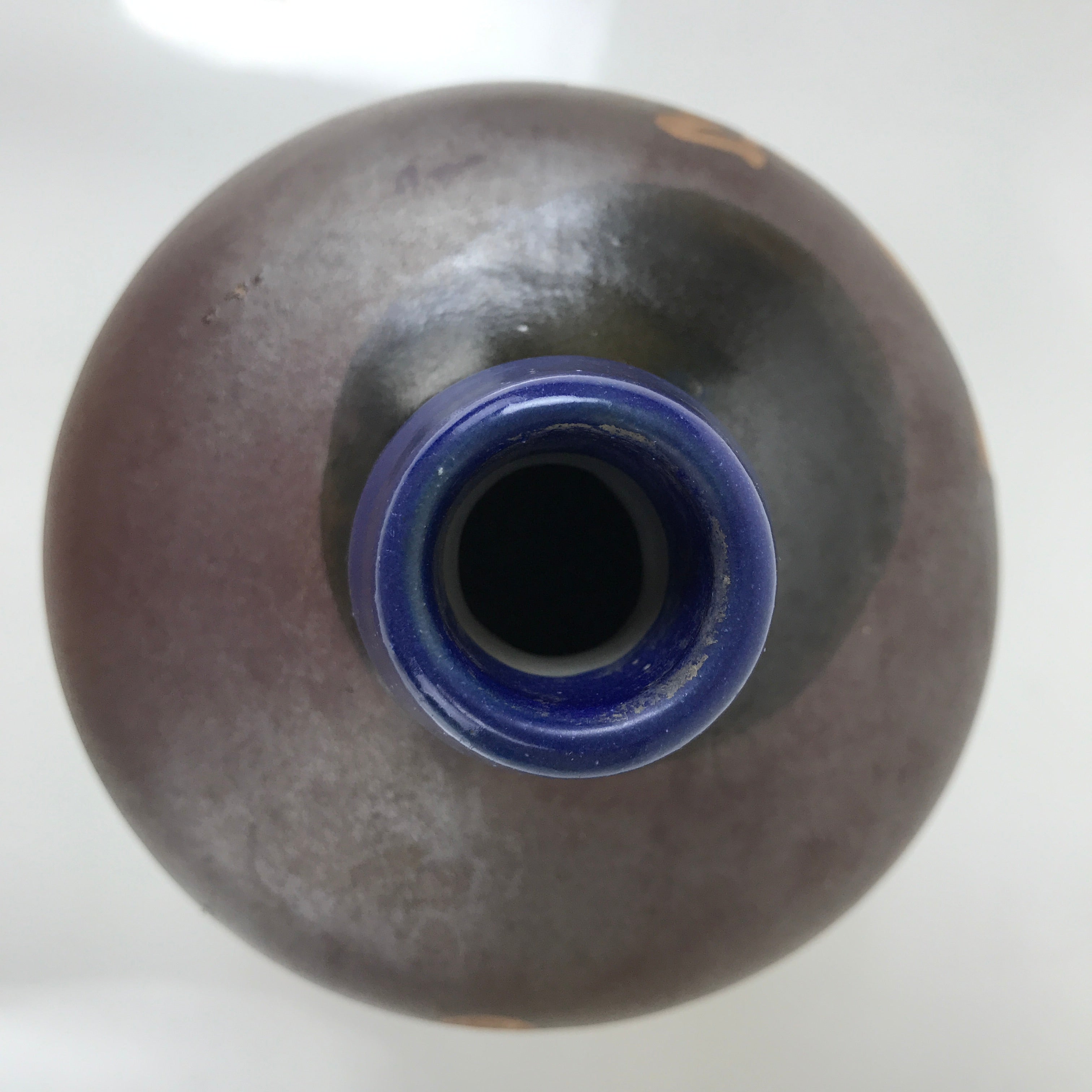 Japanese Ceramic Sake Bottle Kayoi-Tokkuri Vtg Pearly Brown Blue Kanji TS775