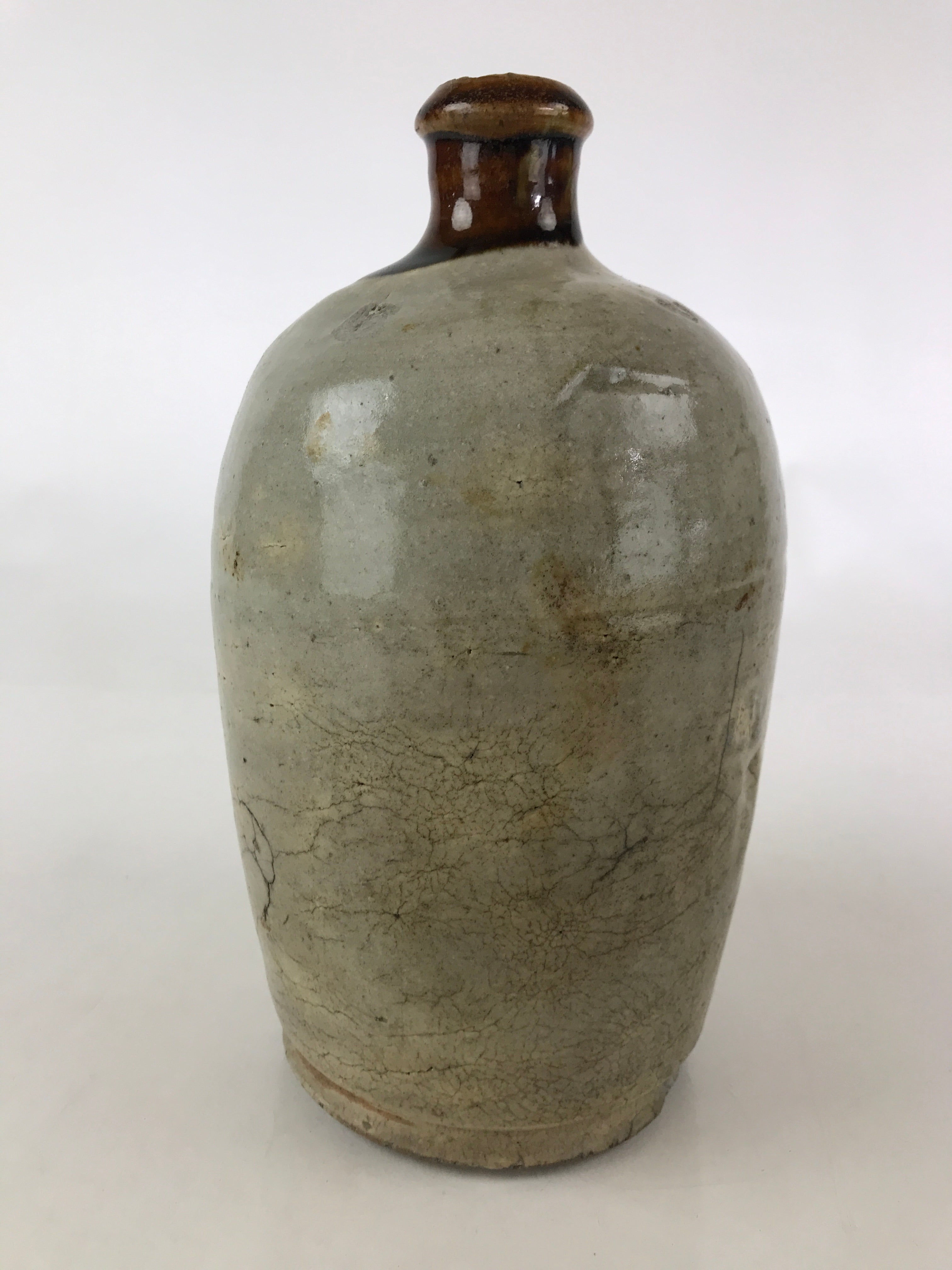 Japanese Ceramic Sake Bottle Kayoi-Tokkuri Vtg Pottery Brown And Gray TS496