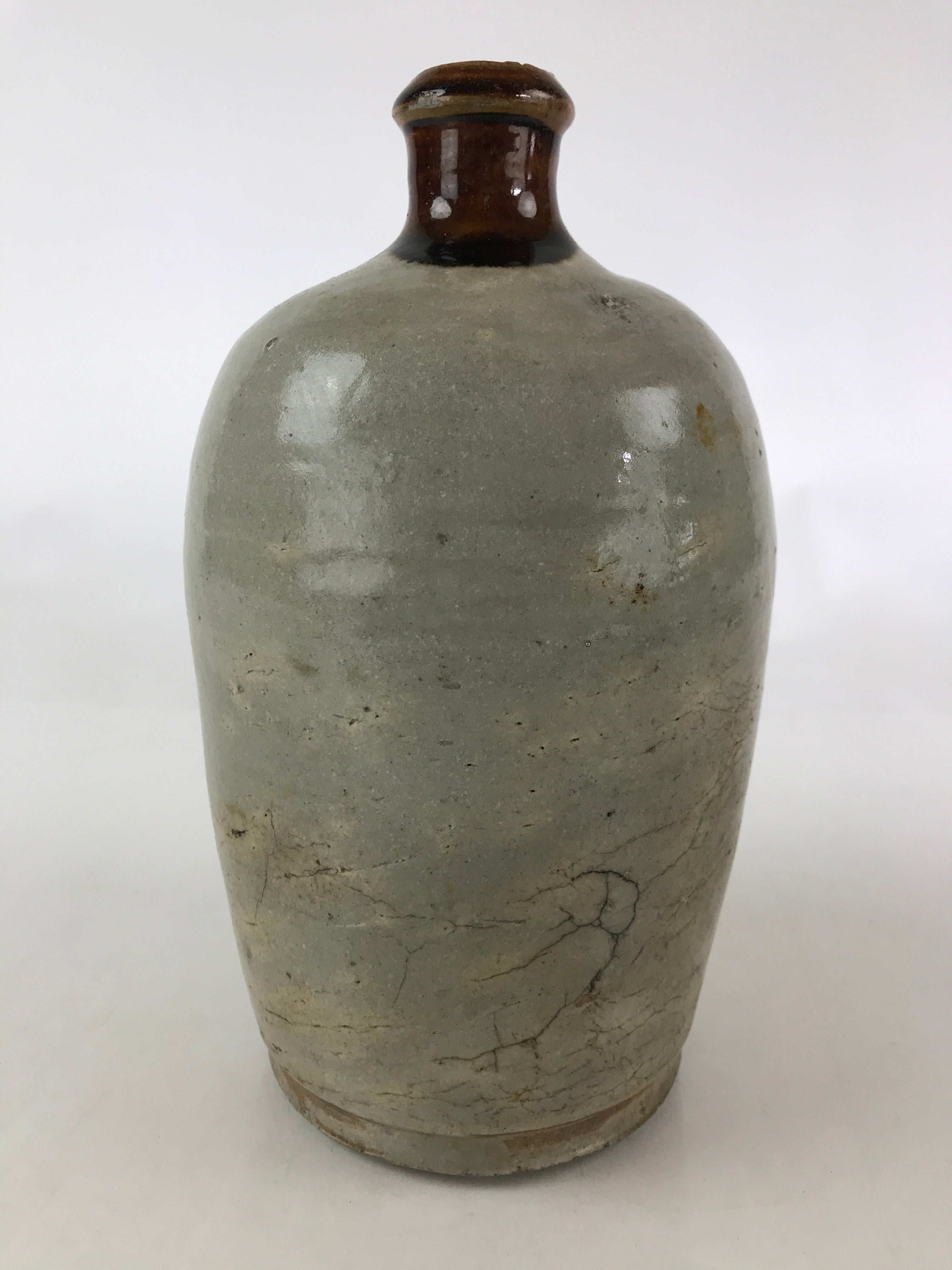 Japanese Ceramic Sake Bottle Kayoi-Tokkuri Vtg Pottery Brown And Gray TS496