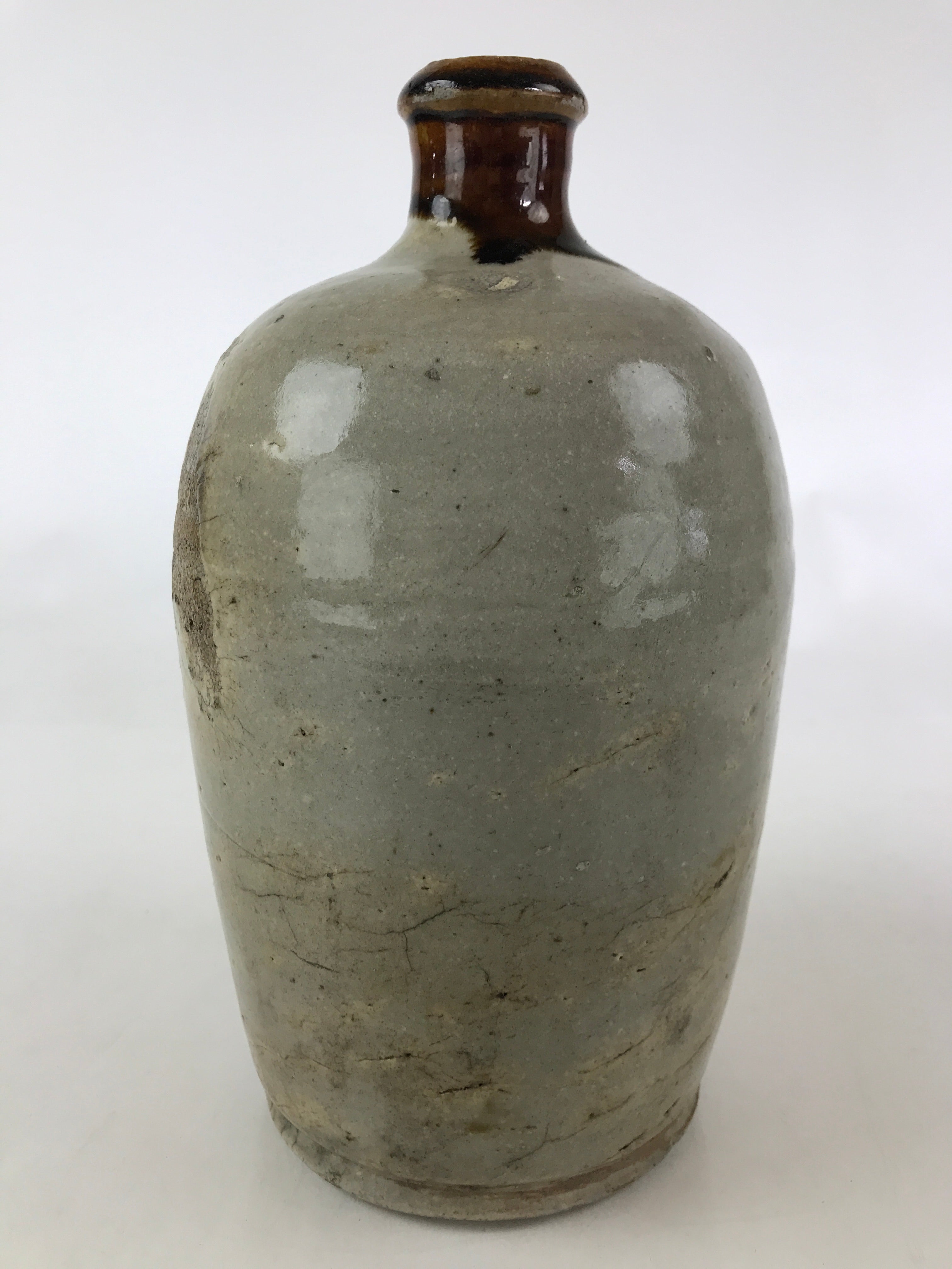 Japanese Ceramic Sake Bottle Kayoi-Tokkuri Vtg Pottery Brown And Gray TS496