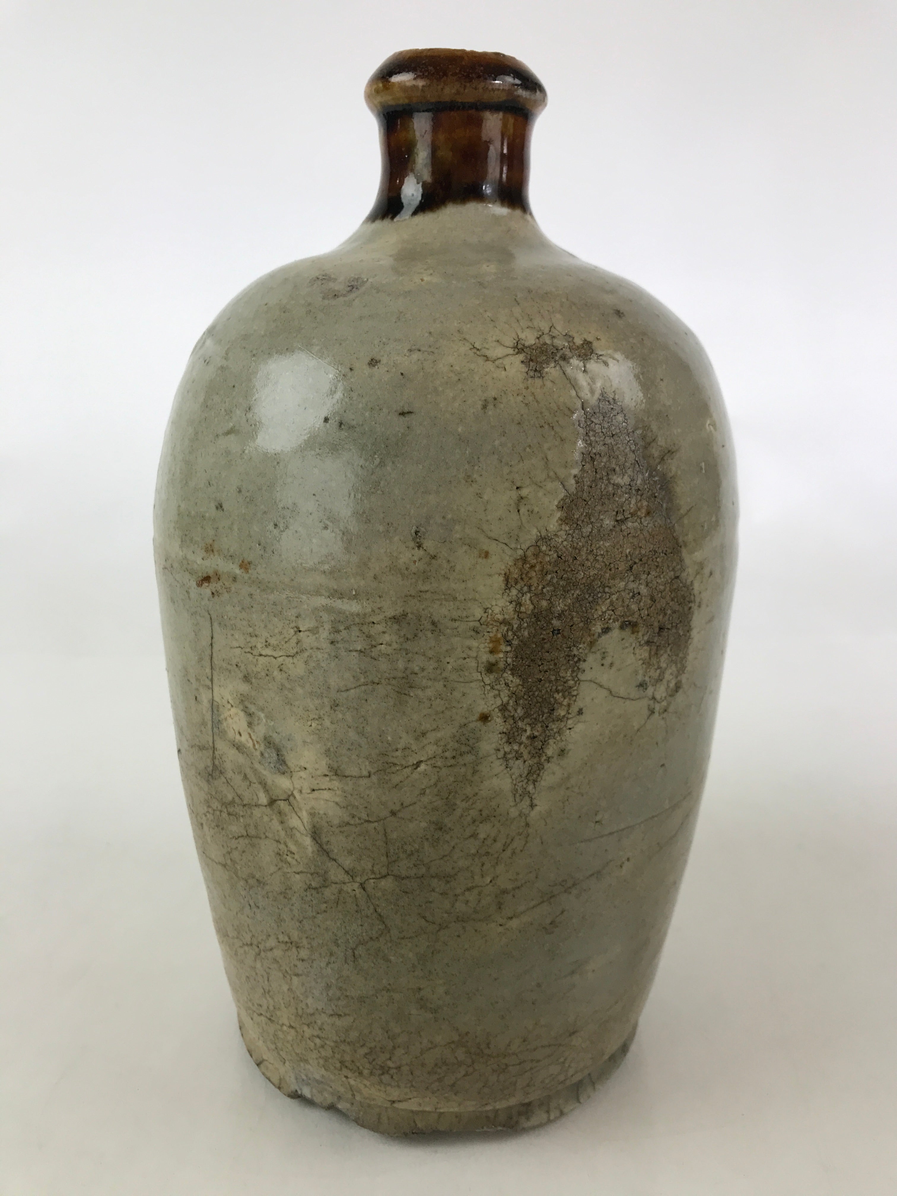 Japanese Ceramic Sake Bottle Kayoi-Tokkuri Vtg Pottery Brown And Gray TS496