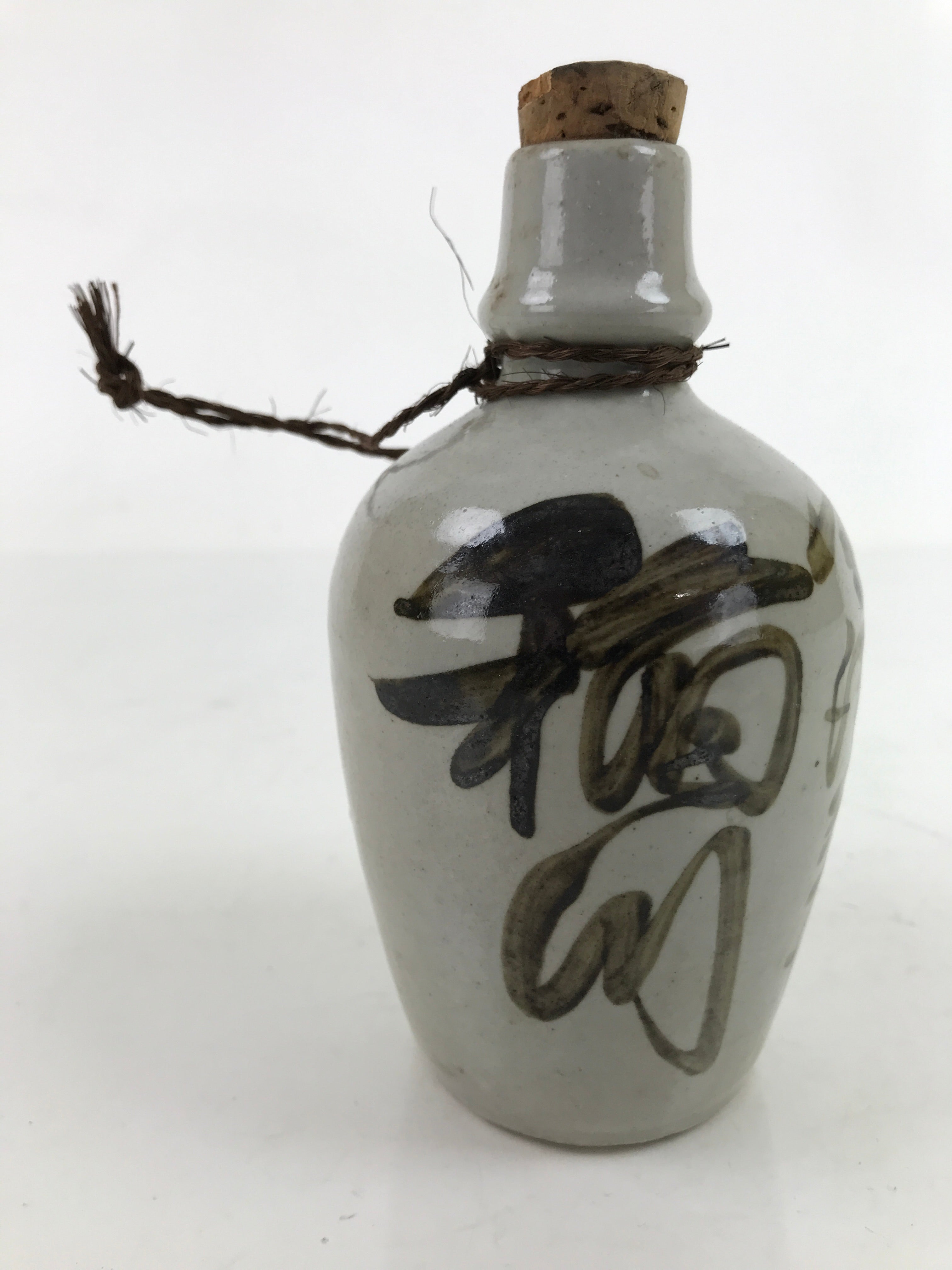 Japanese Ceramic Sake Bottle Kayoi-Tokkuri Vtg Small Gray Brown Kanji Cork TS741