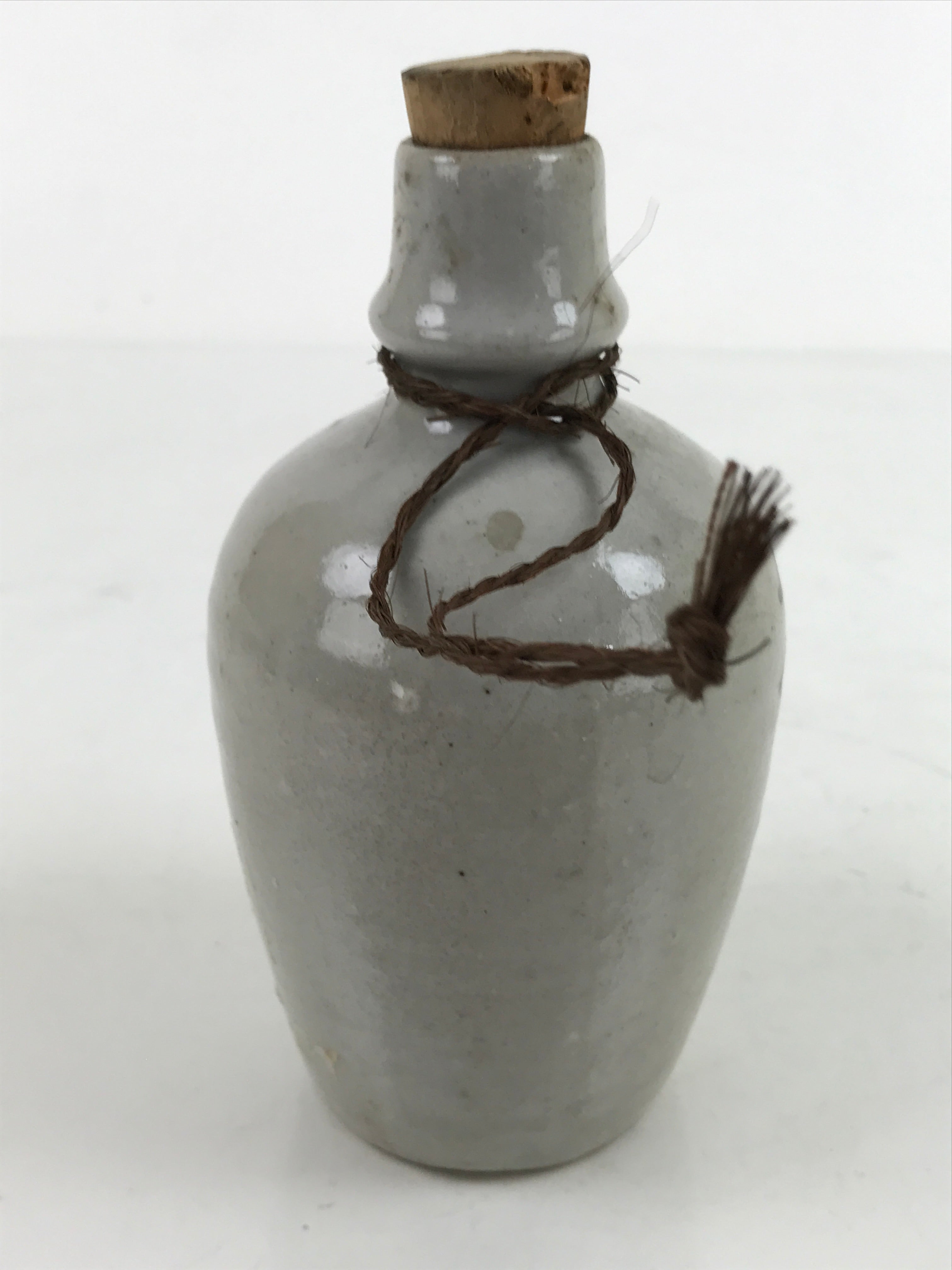 Japanese Ceramic Sake Bottle Kayoi-Tokkuri Vtg Small Gray Brown Kanji Cork TS741