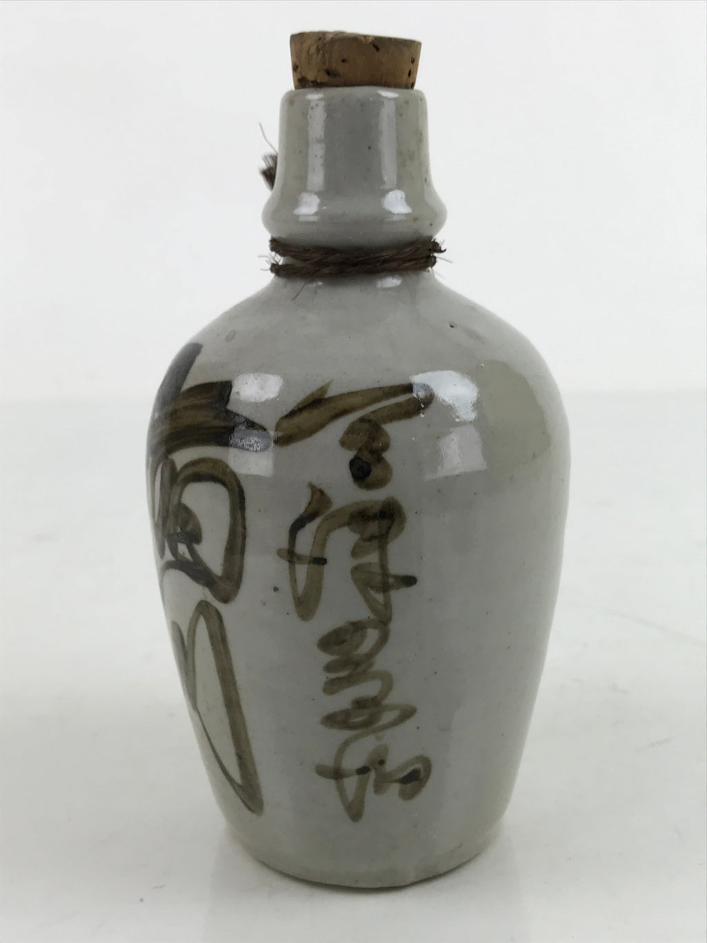 Japanese Ceramic Sake Bottle Kayoi-Tokkuri Vtg Small Gray Brown Kanji Cork TS741
