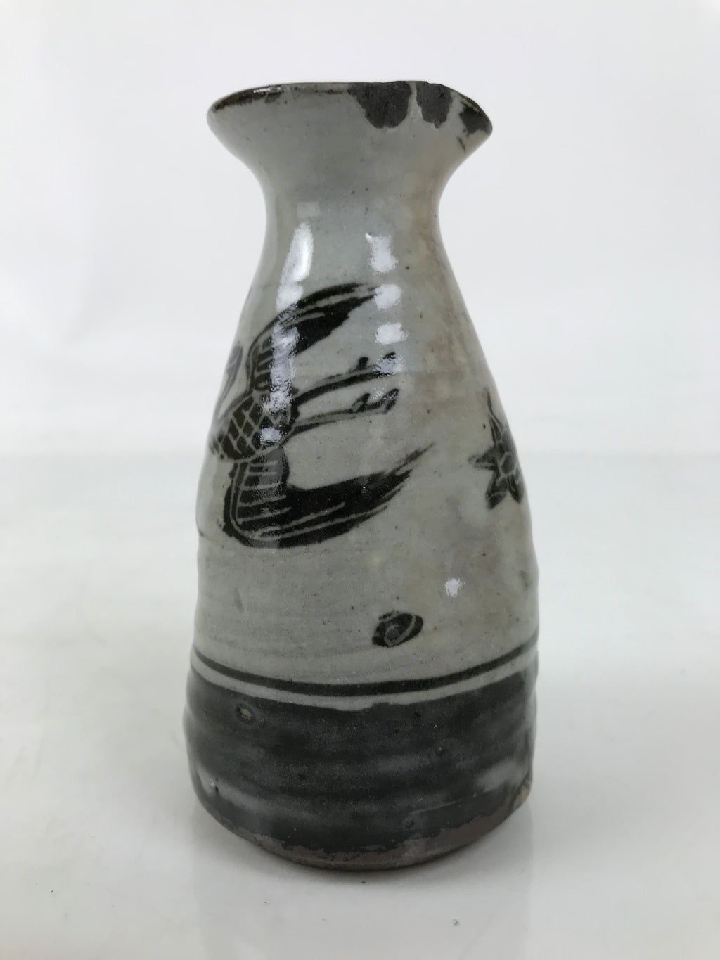 Japanese Ceramic Sake Bottle Tokkuri Gray Flying Crane Cloud Wavy Shade TS798