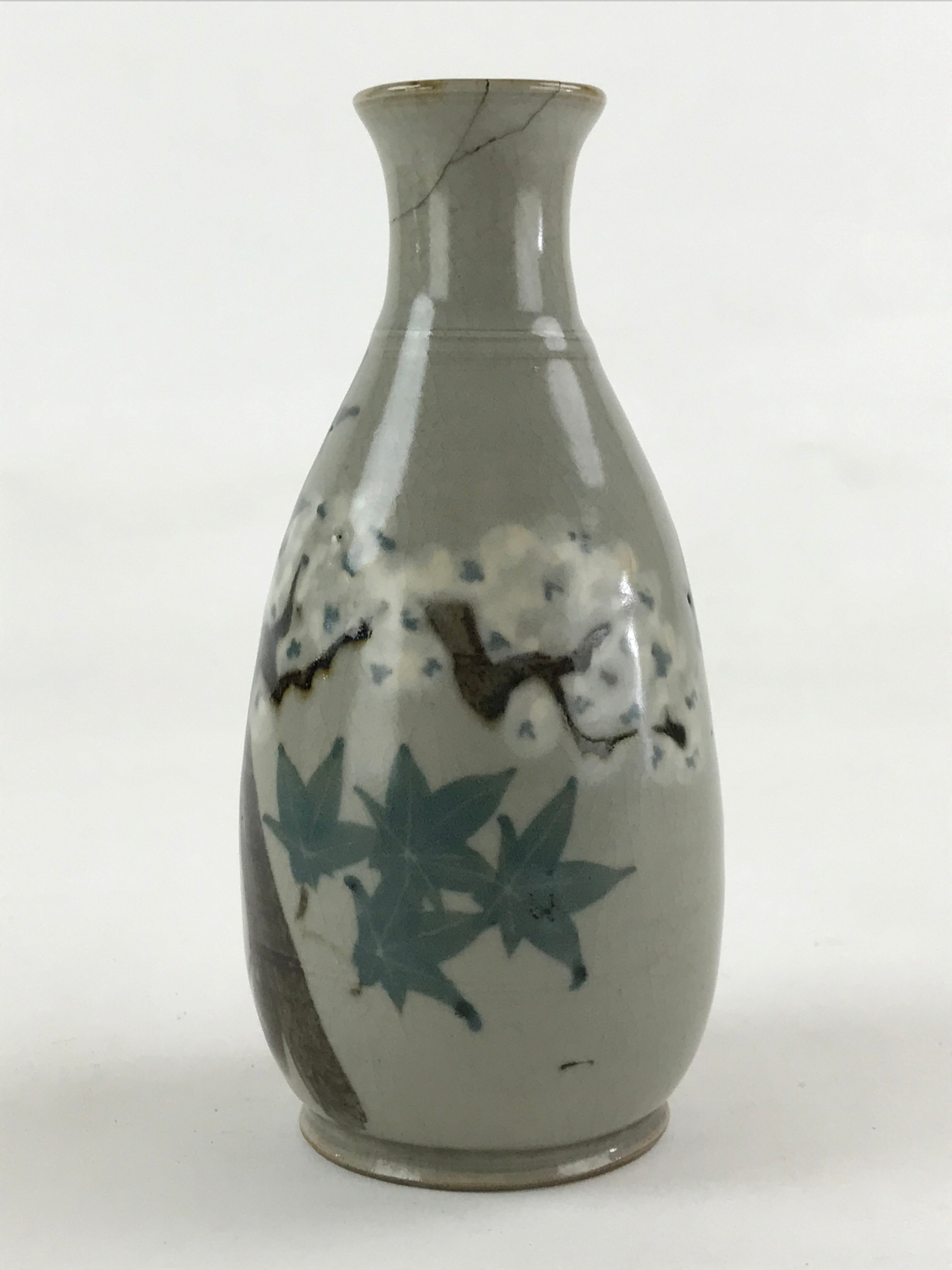 Japanese Ceramic Sake Bottle Tokkuri Gray Glaze Japanese Maple Tree Vase TS502