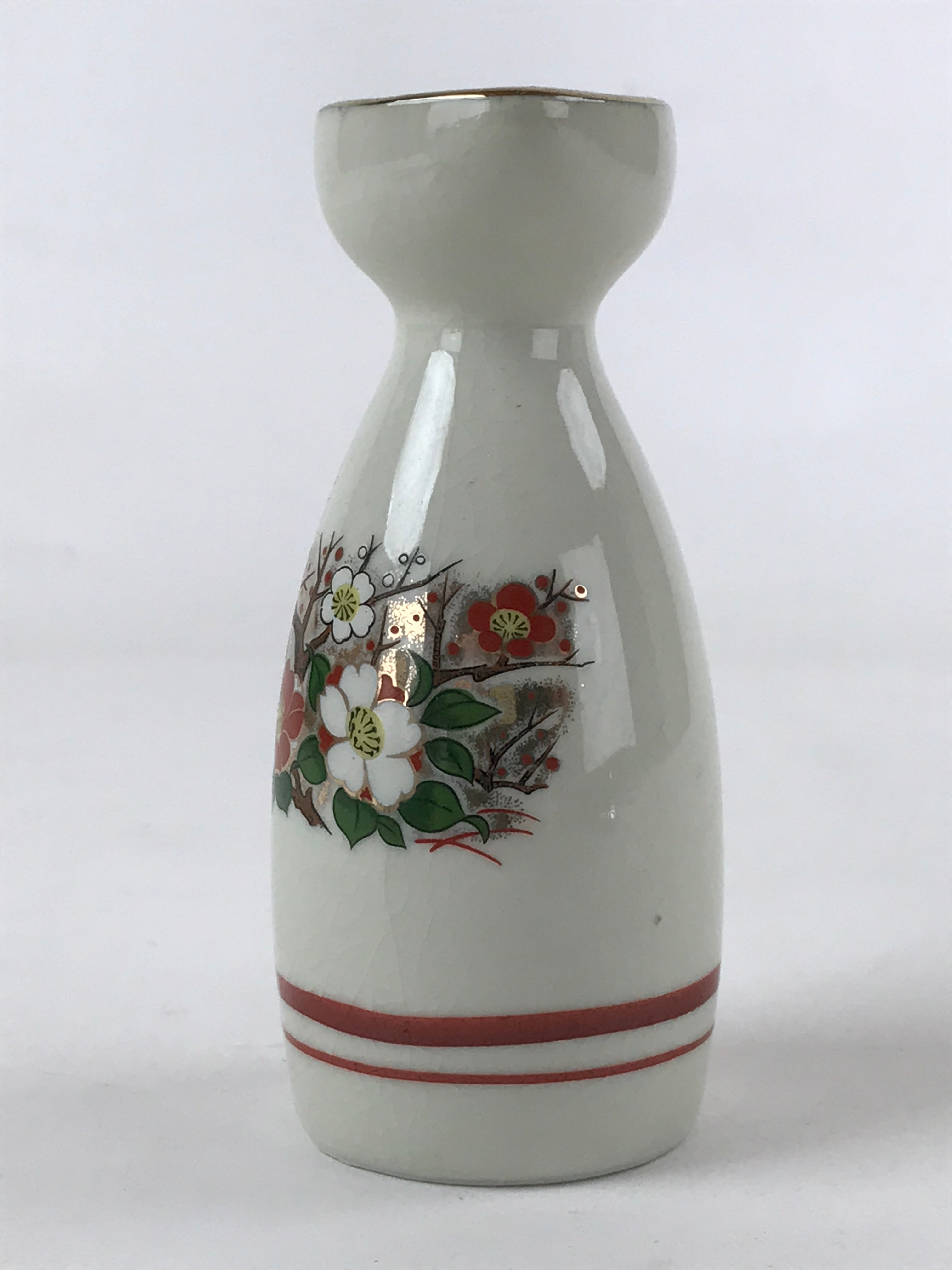 Japanese Ceramic Sake Bottle Tokkuri Ichigo Vtg Flower Cracked Glaze TS568