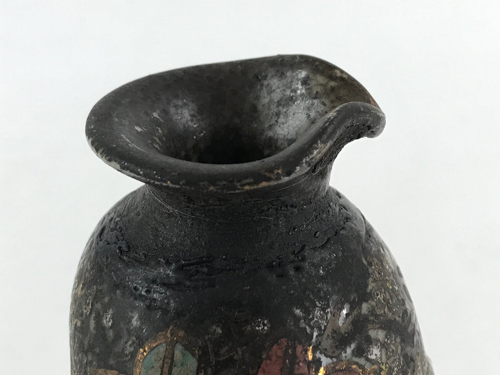 Japanese Ceramic Sake Bottle Tokkuri Ichigo Vtg Pottery Brown Mojimi Leaf TS531