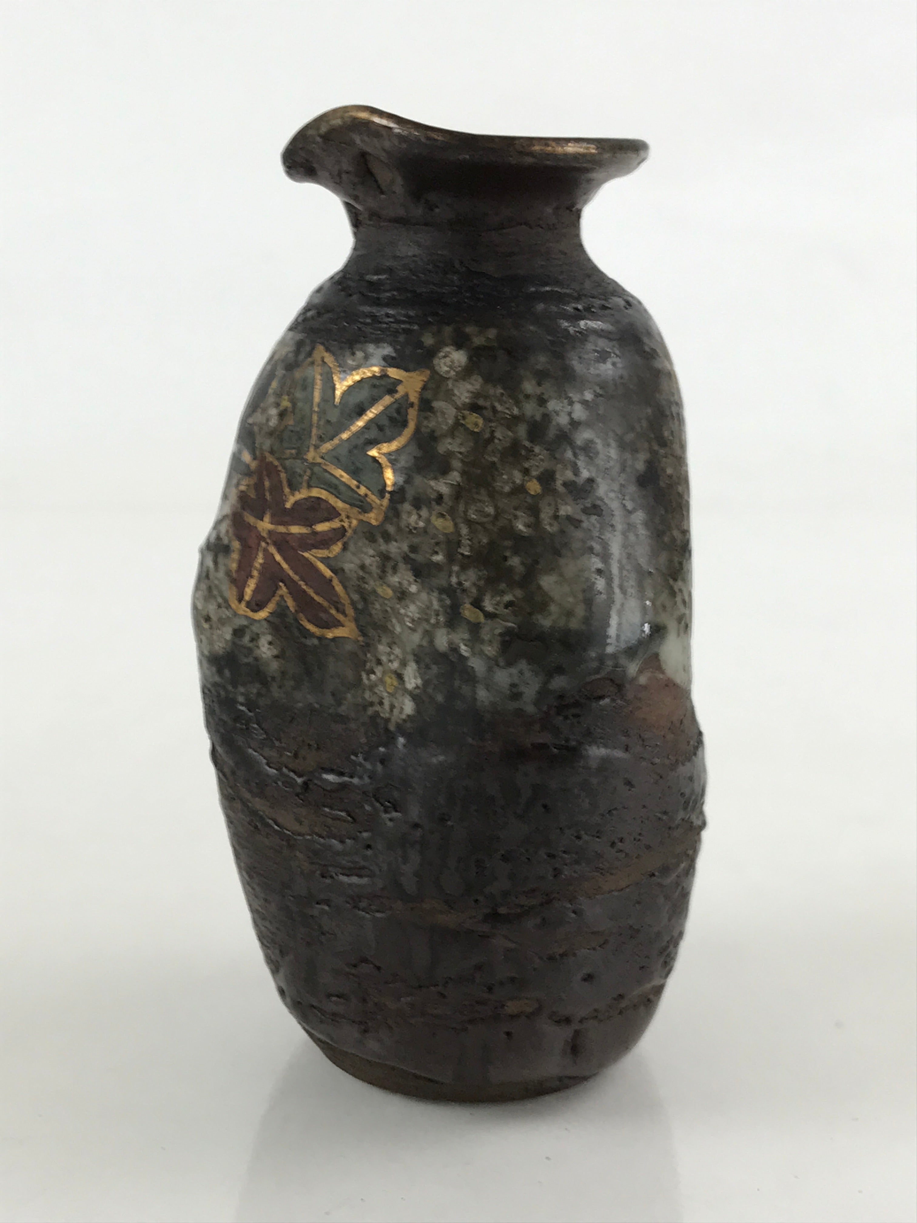 Japanese Ceramic Sake Bottle Tokkuri Ichigo Vtg Pottery Brown Mojimi Leaf TS531