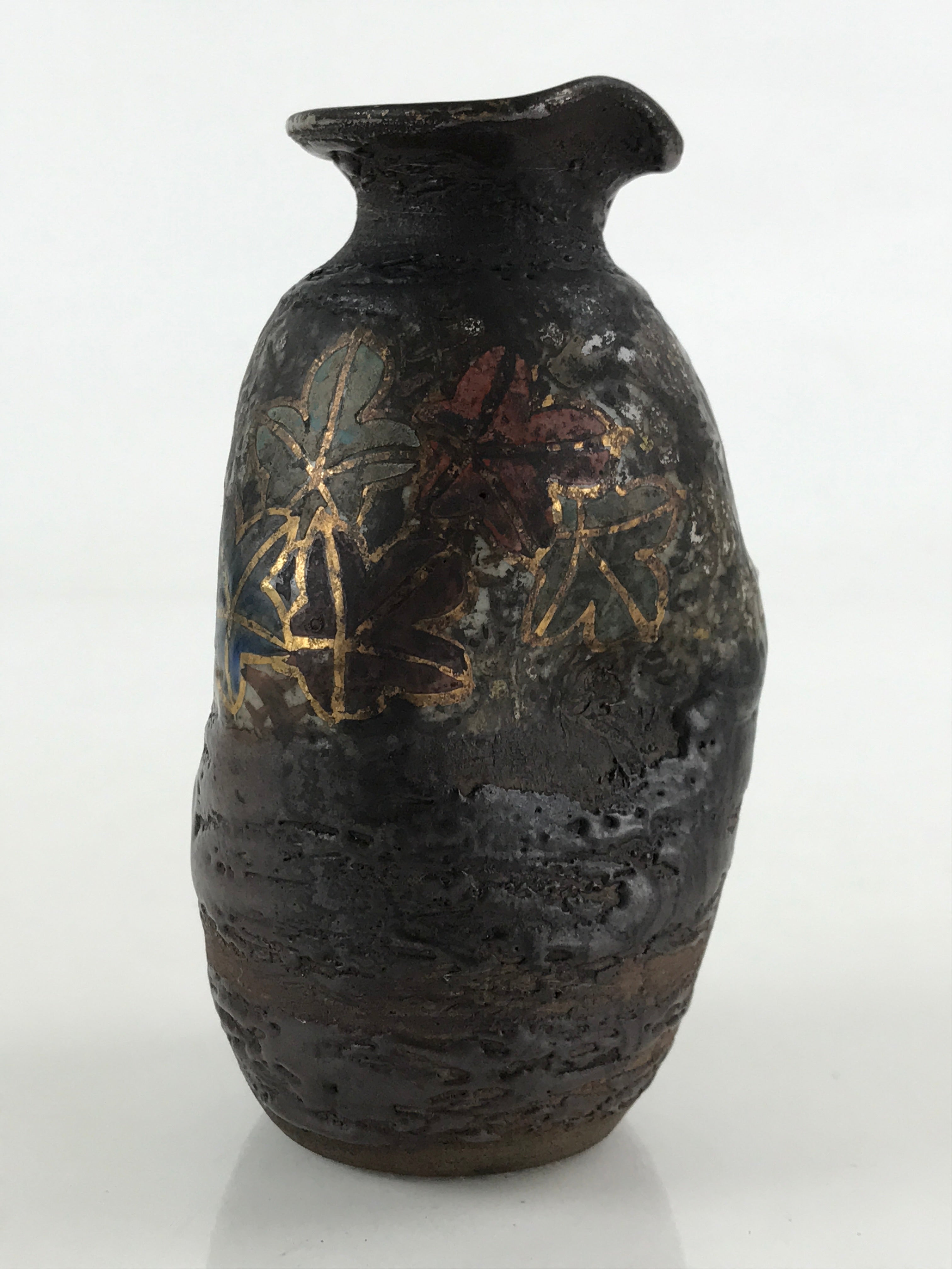 Japanese Ceramic Sake Bottle Tokkuri Ichigo Vtg Pottery Brown Mojimi Leaf TS531