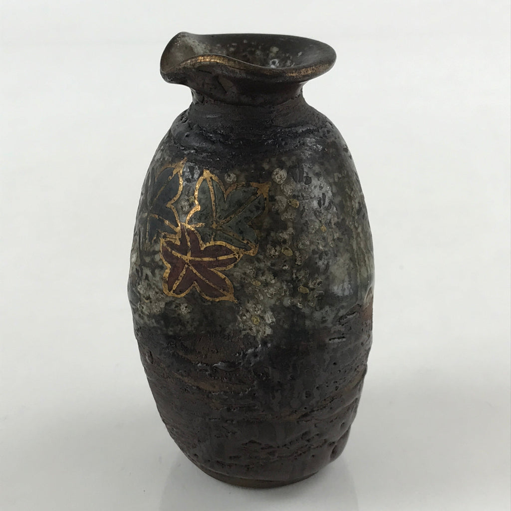Japanese Ceramic Sake Bottle Tokkuri Ichigo Vtg Pottery Brown Mojimi Leaf TS531