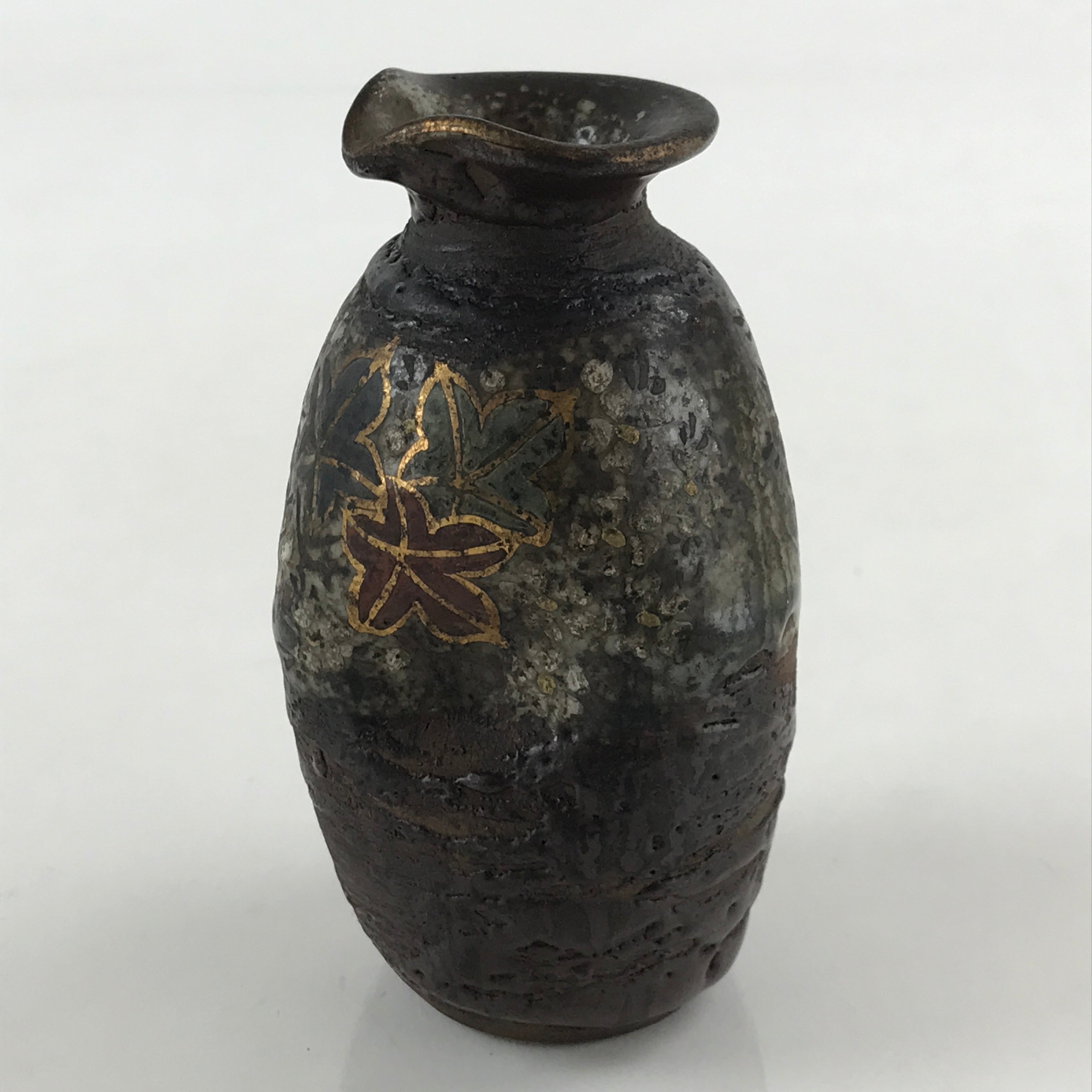 Japanese Ceramic Sake Bottle Tokkuri Ichigo Vtg Pottery Brown Mojimi Leaf TS531