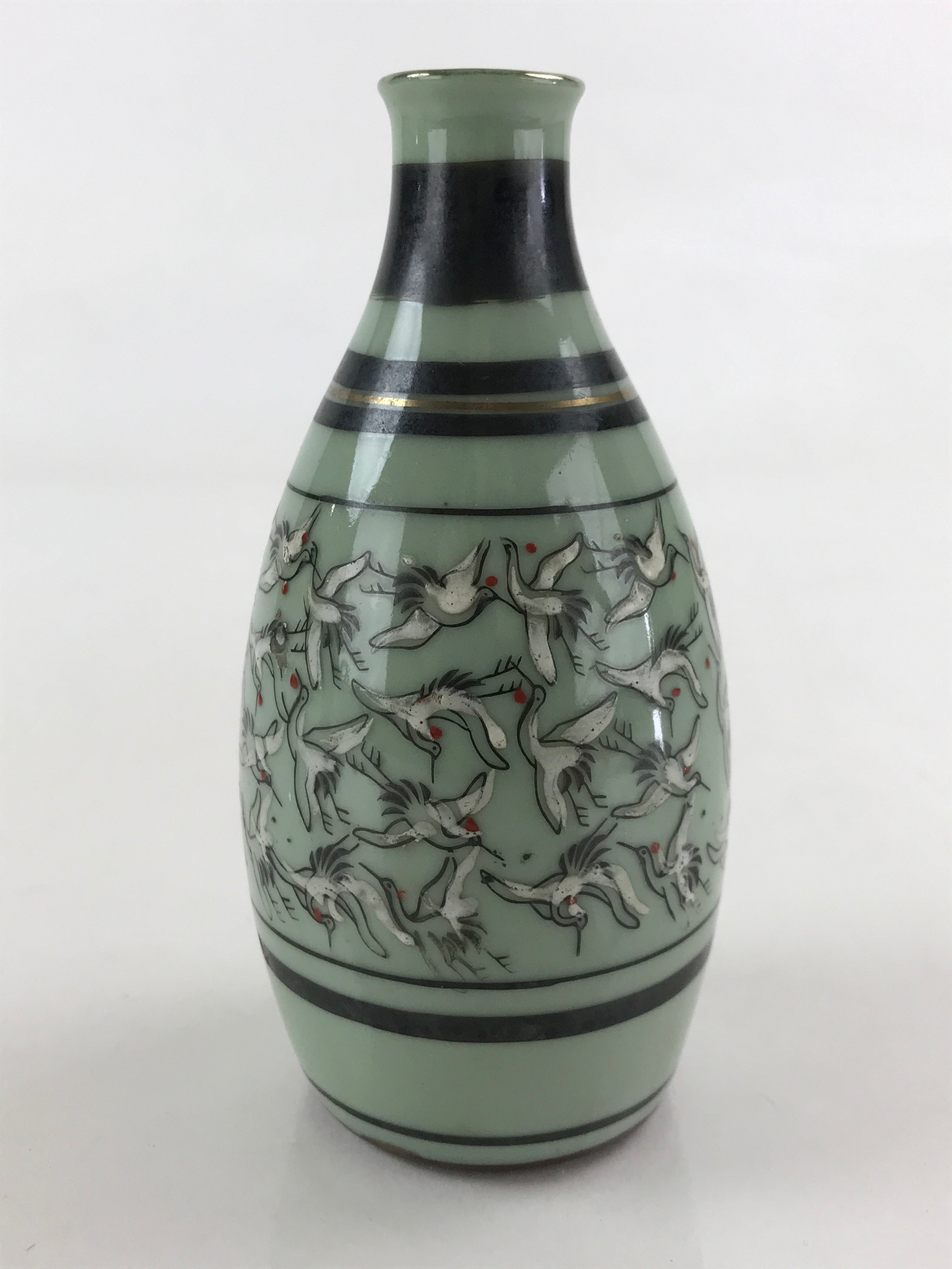 Japanese Ceramic Sake Bottle Tokkuri Ichigo Vtg Pottery Cranes Pattern TS534