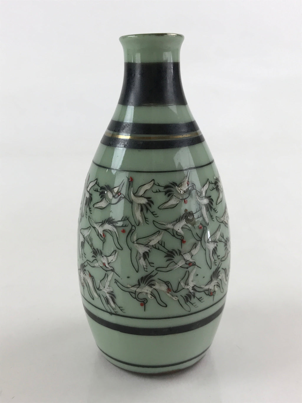 Japanese Ceramic Sake Bottle Tokkuri Ichigo Vtg Pottery Cranes Pattern TS534
