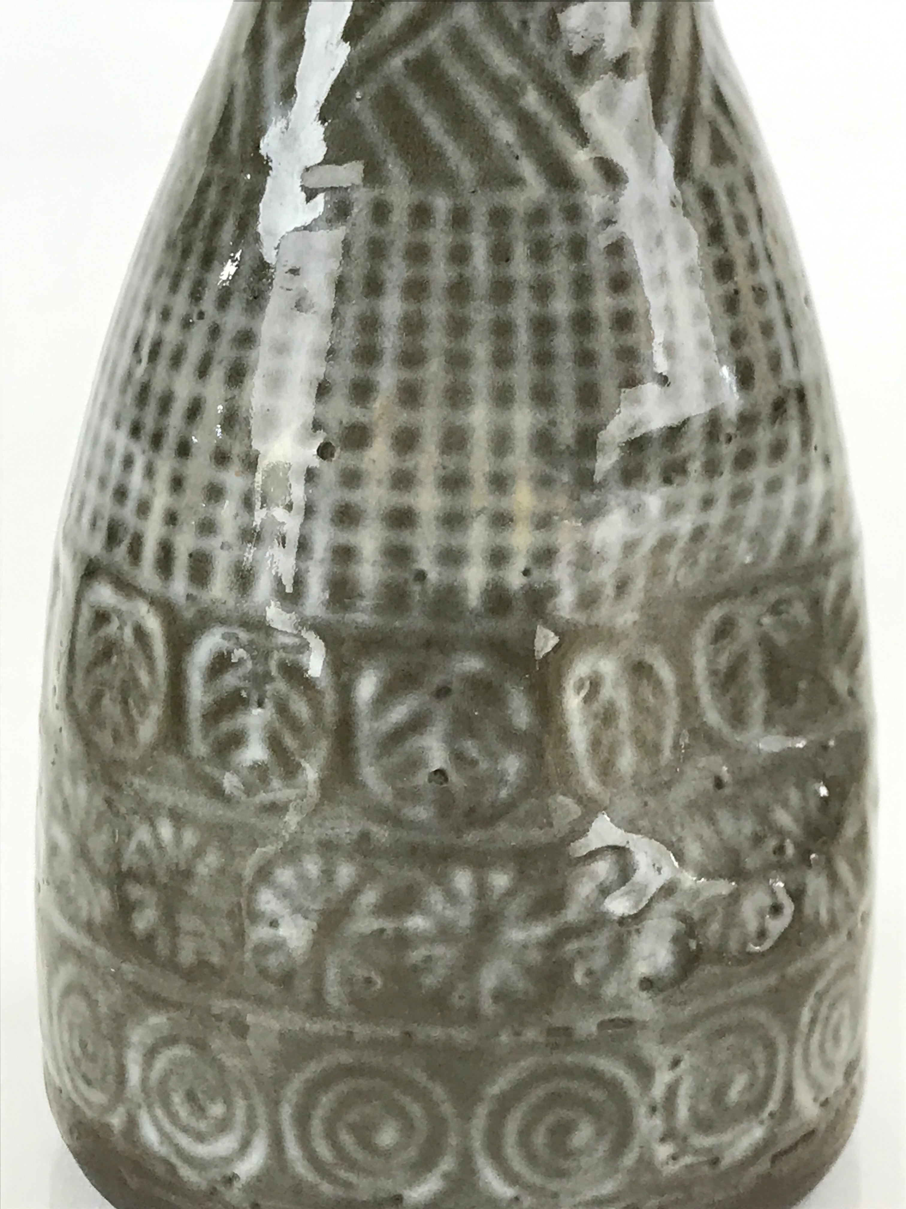 Japanese Ceramic Sake Bottle Tokkuri Ichigo Vtg Pottery Gray Stamp Pattern TS523