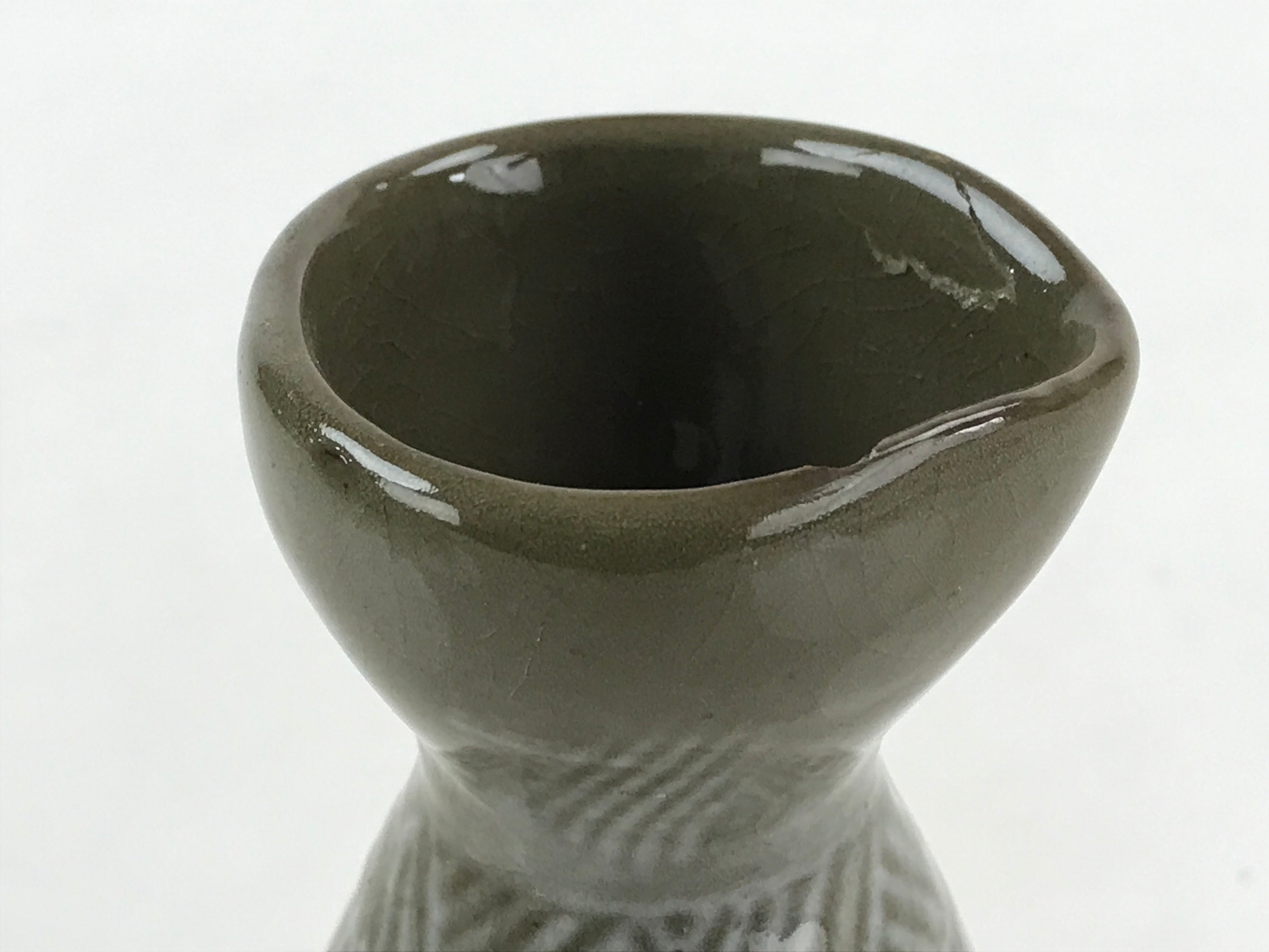 Japanese Ceramic Sake Bottle Tokkuri Ichigo Vtg Pottery Gray Stamp Pattern TS523