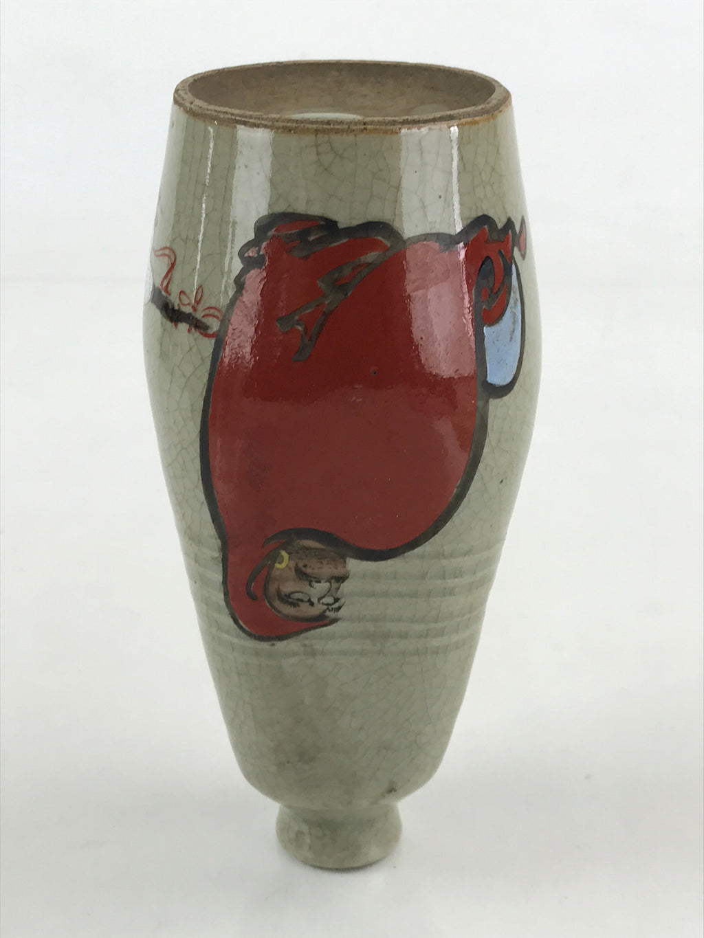 Japanese Ceramic Sake Bottle Tokkuri Ichigo Vtg Pottery Red Daruma Beige TS528