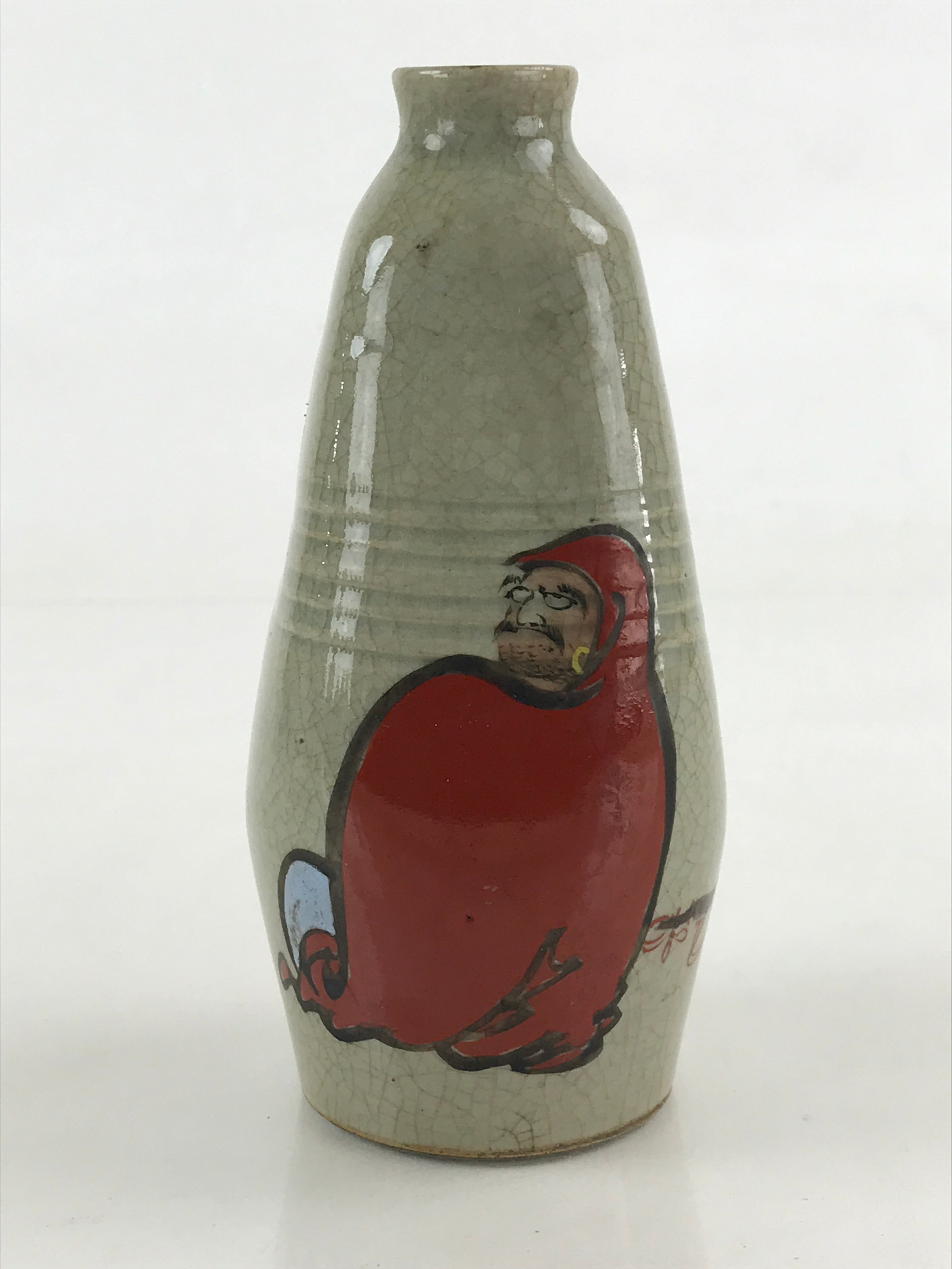 Japanese Ceramic Sake Bottle Tokkuri Ichigo Vtg Pottery Red Daruma Beige TS528