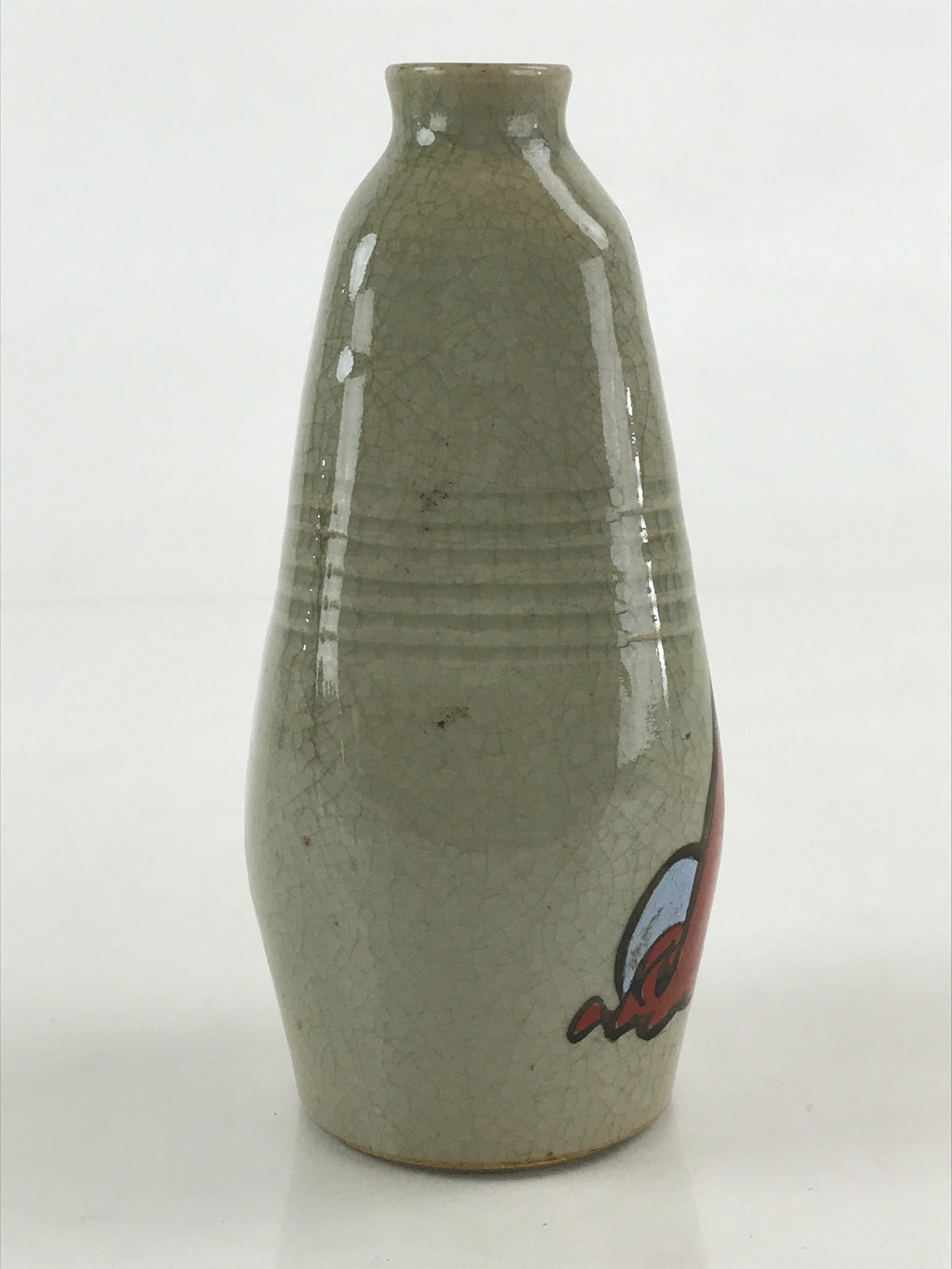 Japanese Ceramic Sake Bottle Tokkuri Ichigo Vtg Pottery Red Daruma Beige TS528
