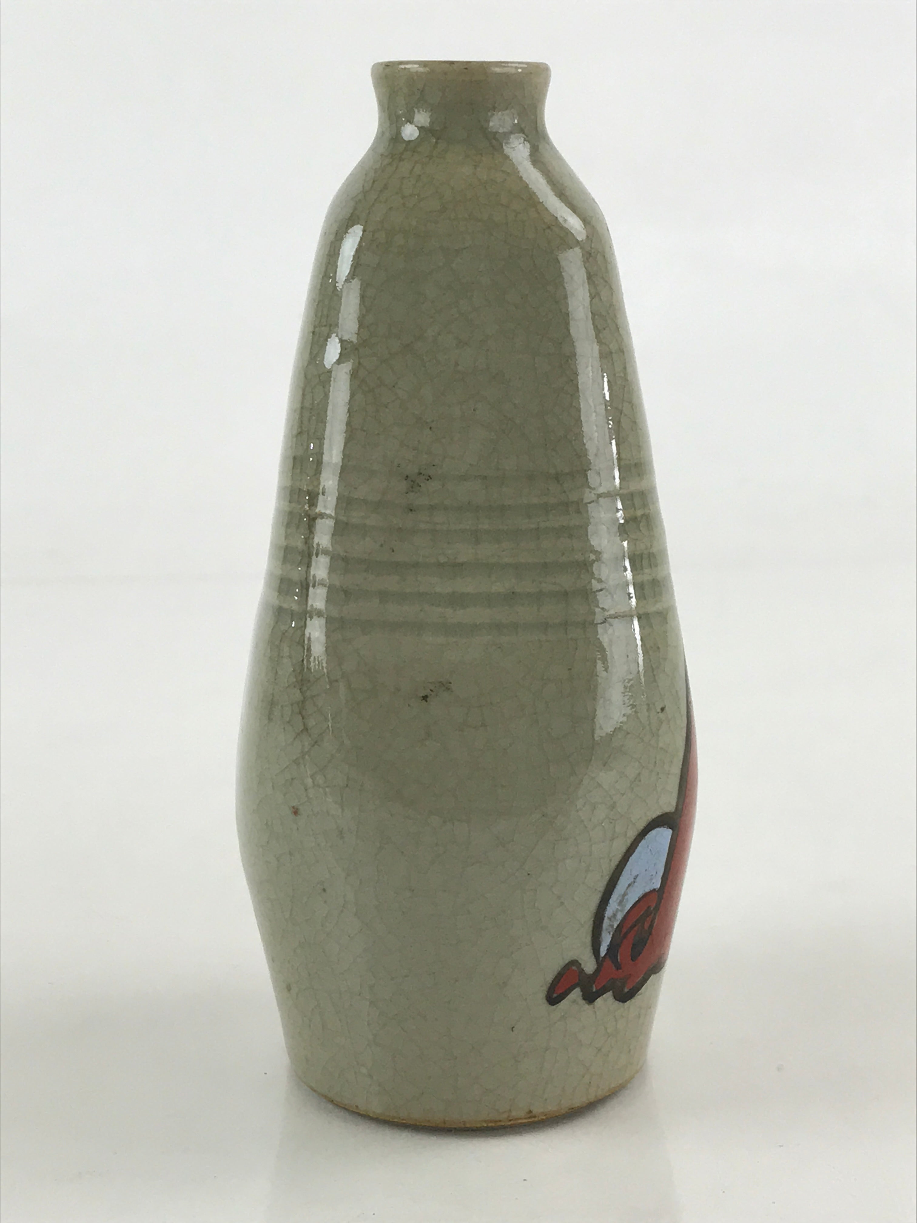 Japanese Ceramic Sake Bottle Tokkuri Ichigo Vtg Pottery Red Daruma Beige TS528