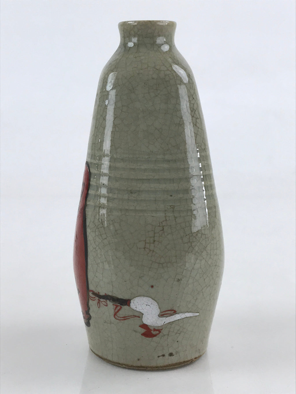 Japanese Ceramic Sake Bottle Tokkuri Ichigo Vtg Pottery Red Daruma Beige TS528