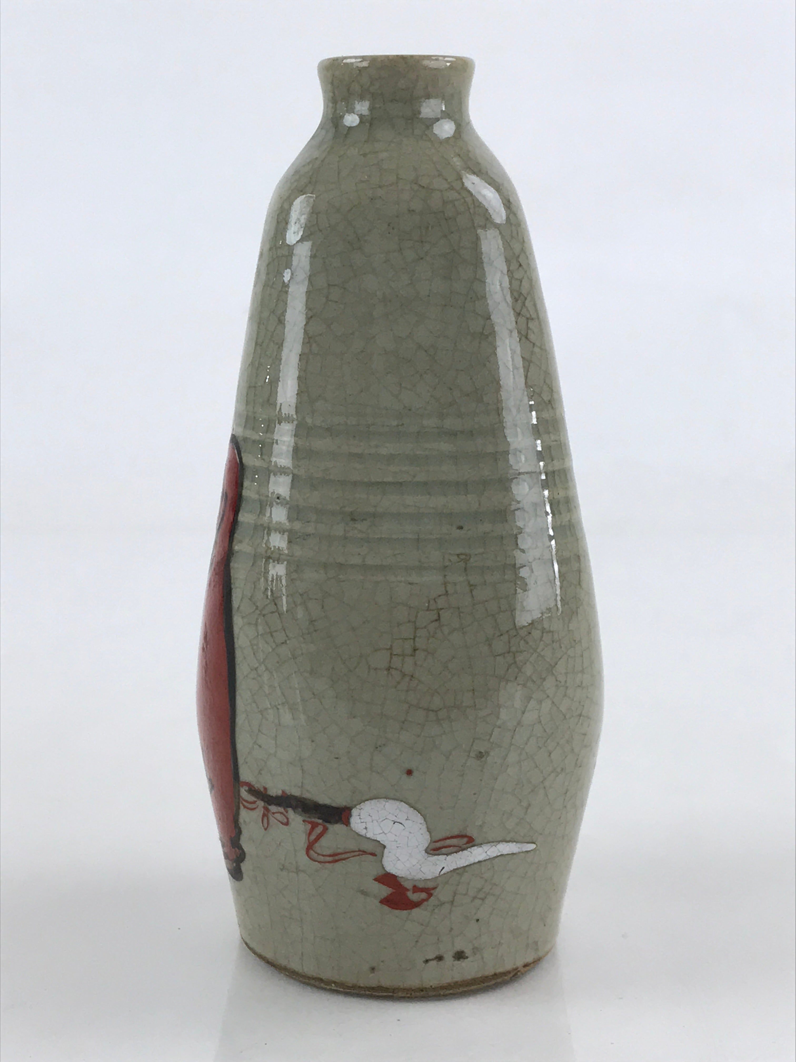 Japanese Ceramic Sake Bottle Tokkuri Ichigo Vtg Pottery Red Daruma Beige TS528