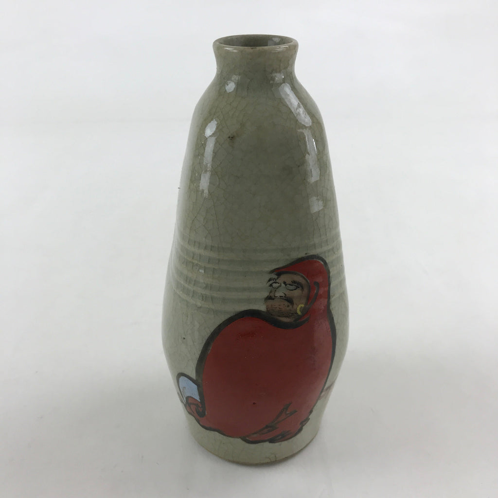 Japanese Ceramic Sake Bottle Tokkuri Ichigo Vtg Pottery Red Daruma Beige TS528