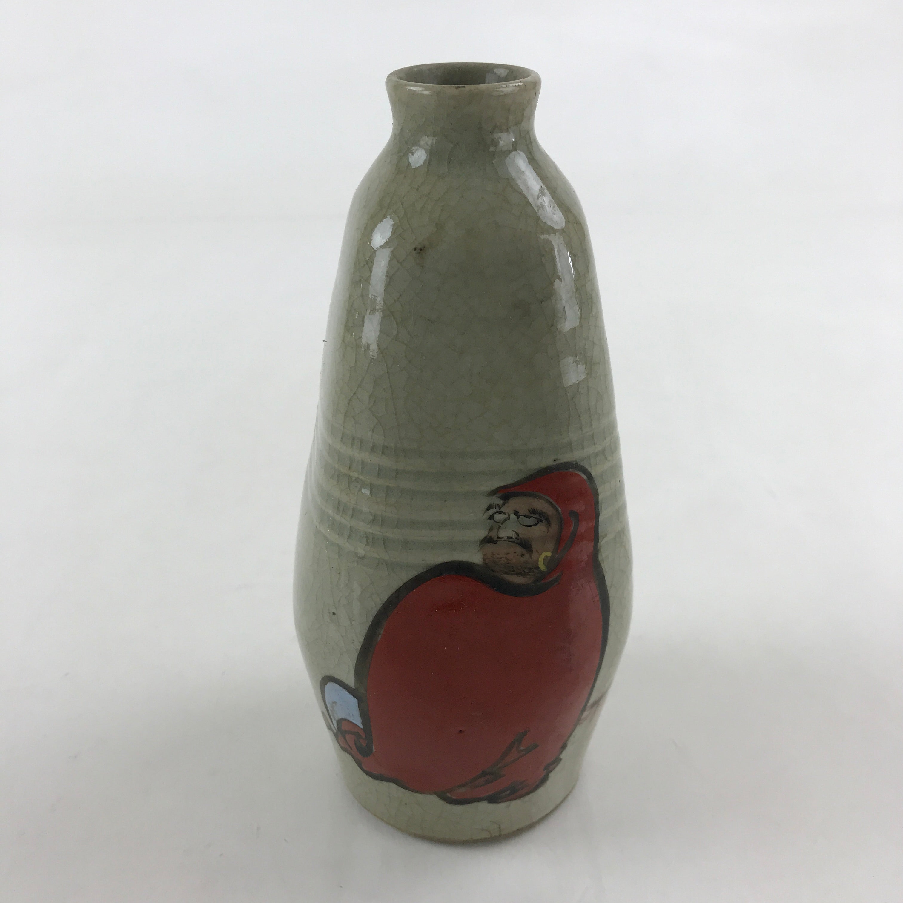 Japanese Ceramic Sake Bottle Tokkuri Ichigo Vtg Pottery Red Daruma Beige TS528