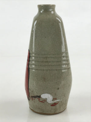 Japanese Ceramic Sake Bottle Tokkuri Ichigo Vtg Pottery Red Daruma Beige TS529