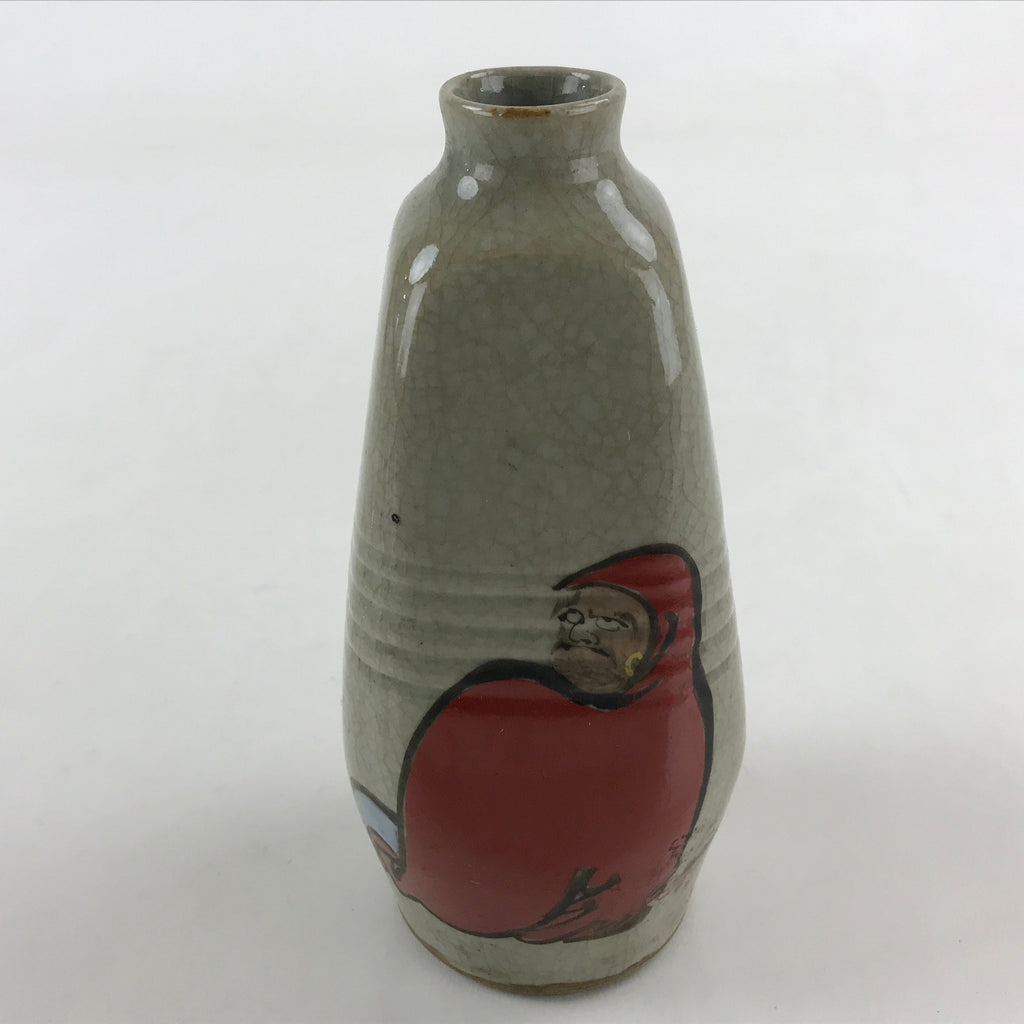 Japanese Ceramic Sake Bottle Tokkuri Ichigo Vtg Pottery Red Daruma Beige TS529
