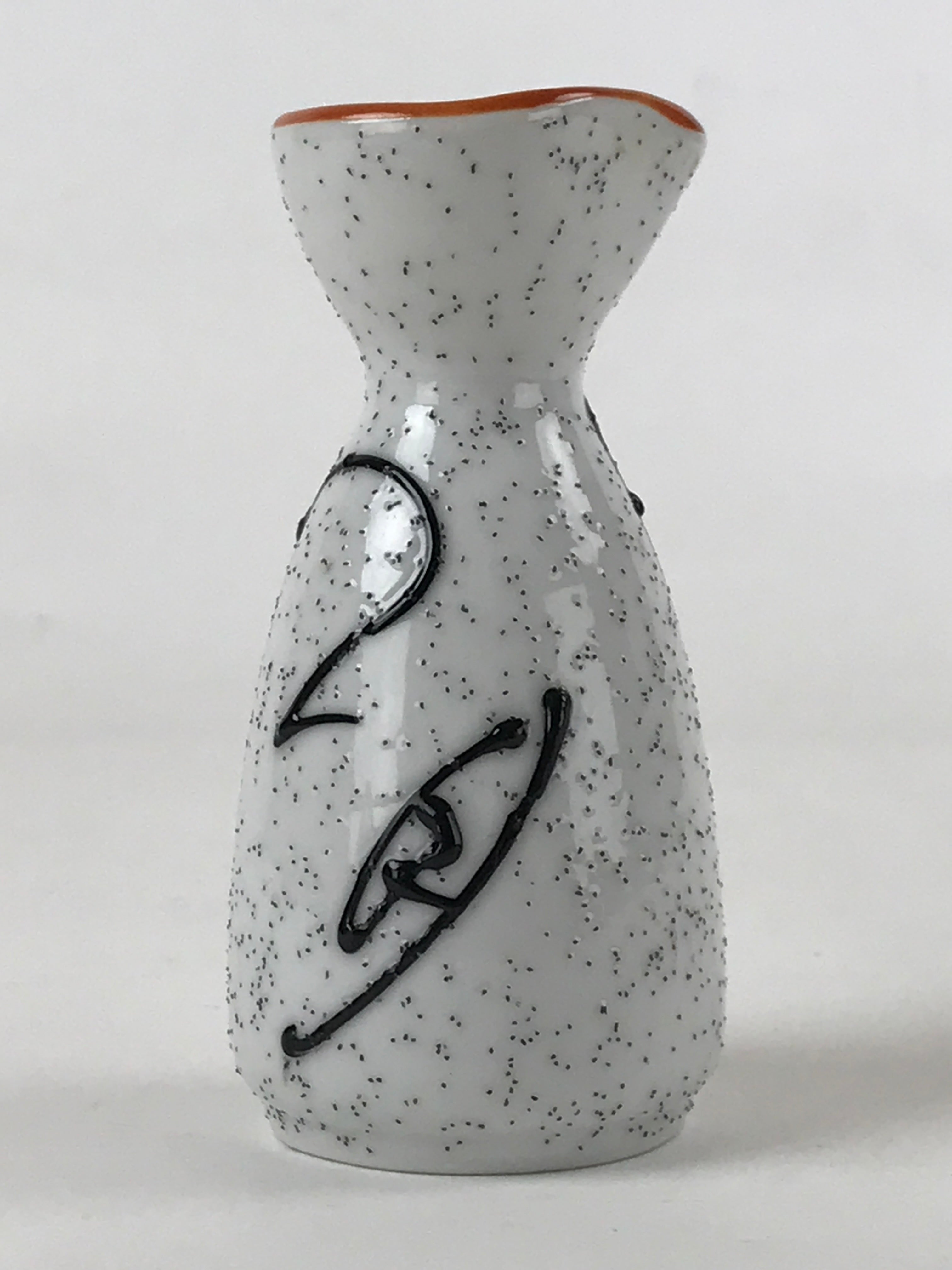 Japanese Ceramic Sake Bottle Tokkuri Ichigo Vtg White Black Ideograms TS570