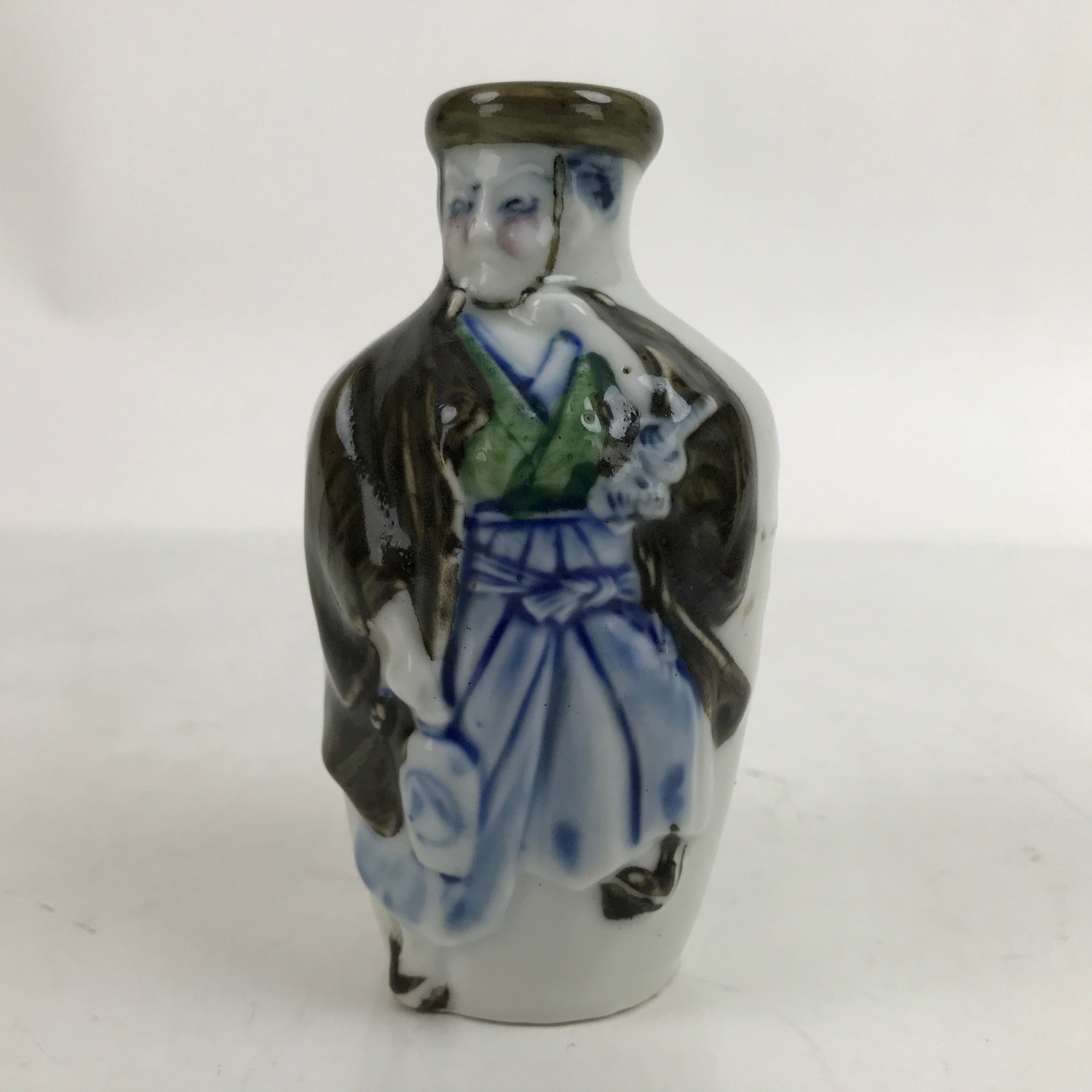 Japanese Ceramic Sake Bottle Tokkuri Vtg 3D Samurai Calligraphy White Blue TS727