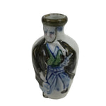 Japanese Ceramic Sake Bottle Tokkuri Vtg 3D Samurai Calligraphy White Blue TS727