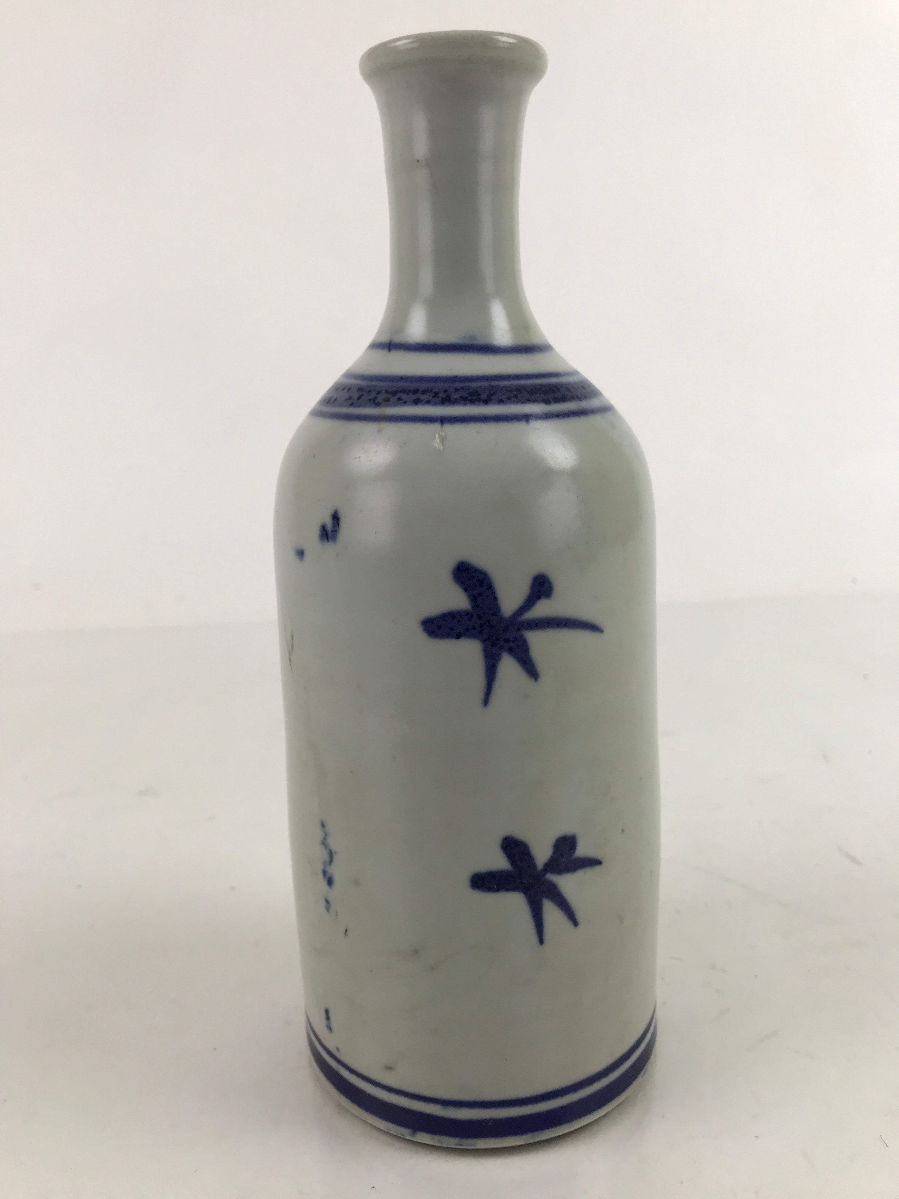 Japanese Ceramic Sake Bottle Tokkuri Vtg Blue White Bamboo Crane Neck TS733