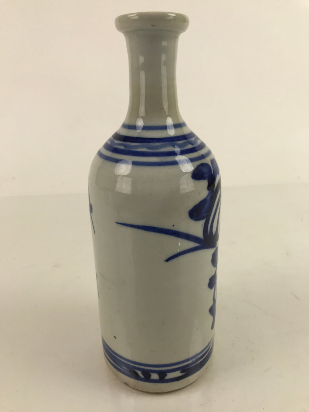 Japanese Ceramic Sake Bottle Tokkuri Vtg Blue White Crane Neck TS734